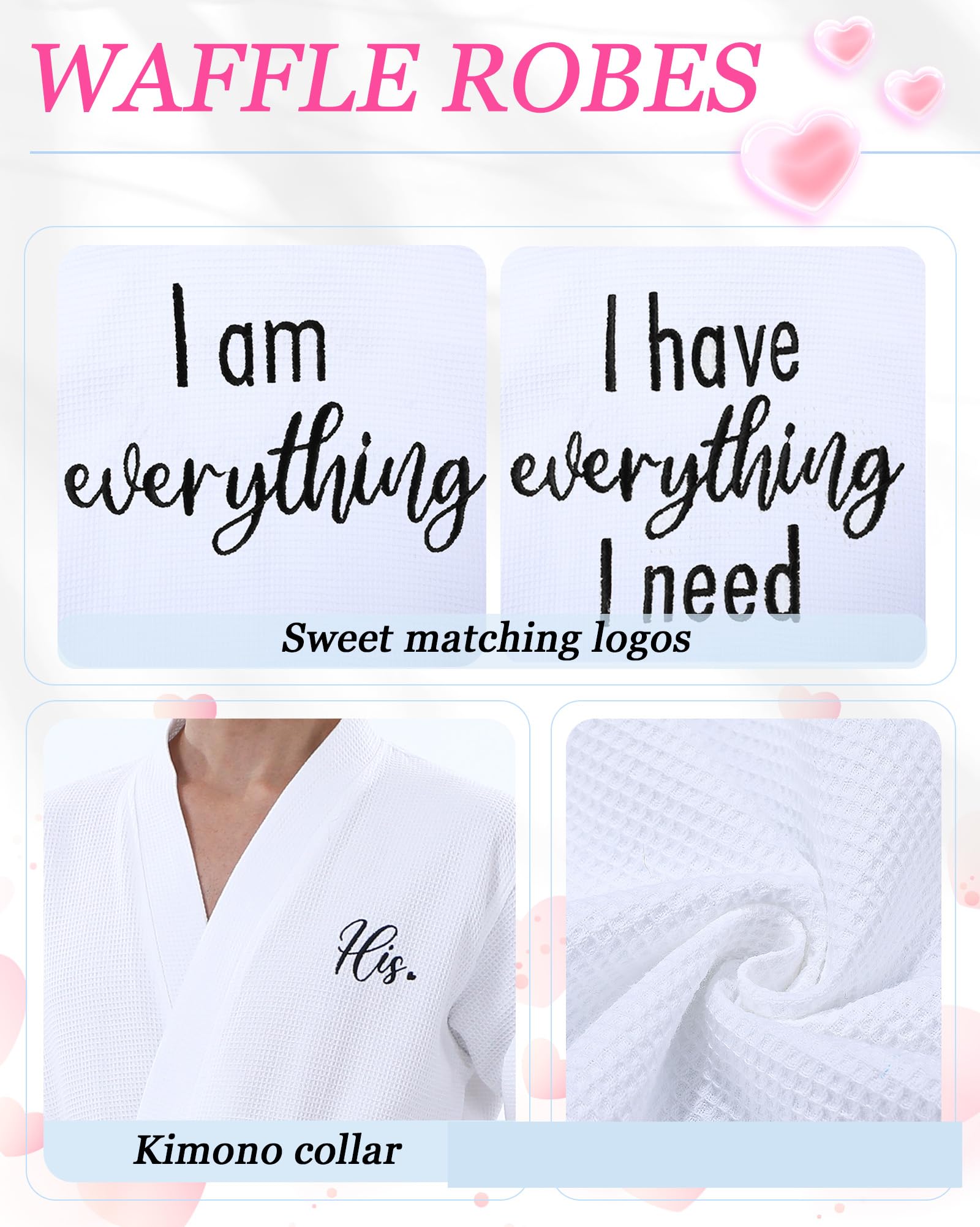 His and Hers Matching Robes Set - 2 Pack Cotton Waffle Kimono with Embroidered Design - Perfect Couple Gift for Anniversary, Wedding, Bridal Party & Romantic Getaways