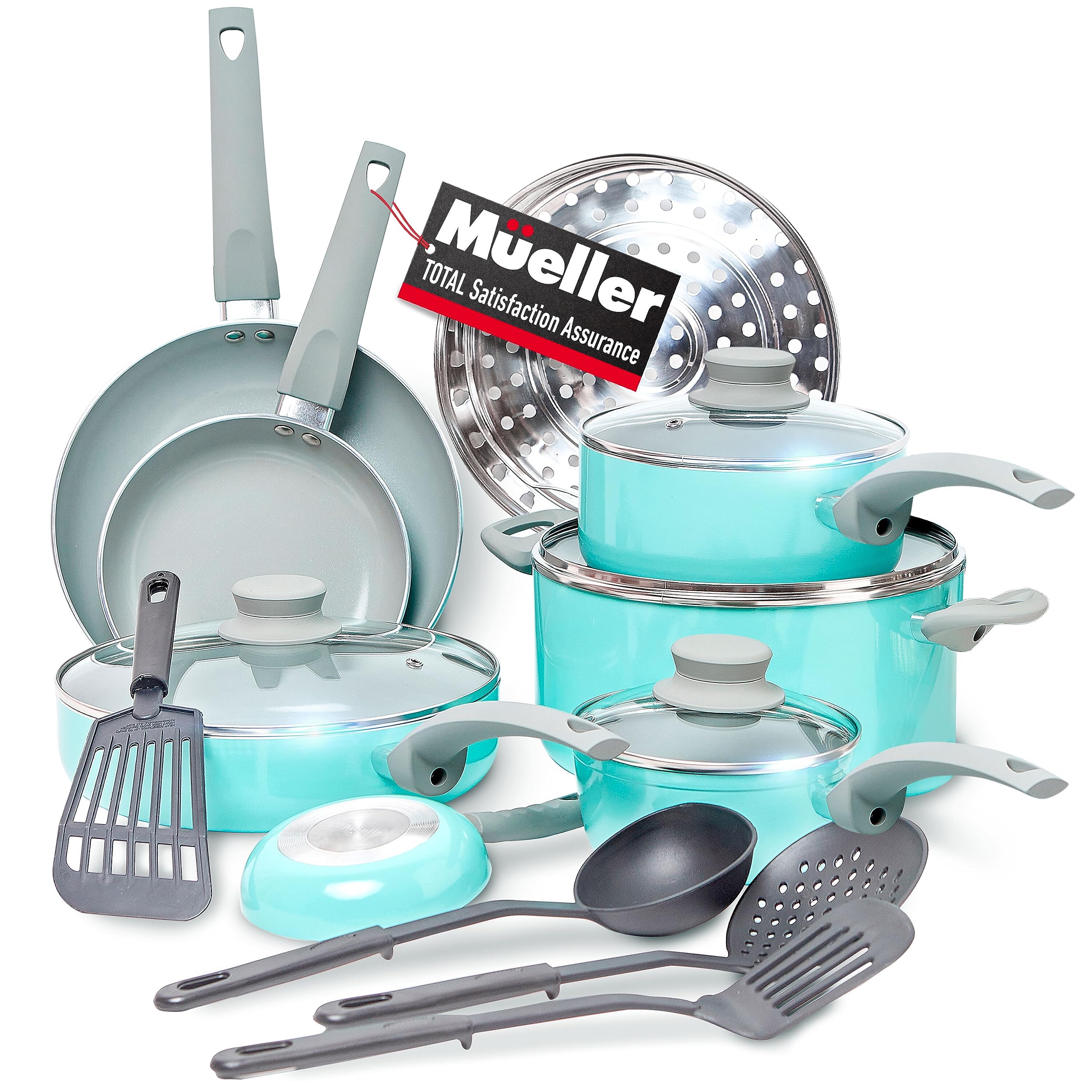Mueller 16-Piece Non-Stick Stone Cookware Set with Steamer & Glass Lids - Turquoise | Durable Kitchen Pots & Pans for Cooking, Frying & Steaming | Perfect for Home Chefs & Family Meals