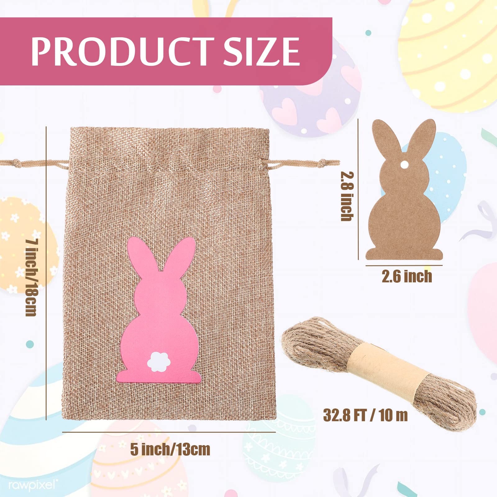 Shappy 24 Pcs Easter Burlap Drawstring Gift Bags - Bunny Linen Goodie Bags with Double Jute Drawstrings for Easter Egg Hunt, Party Favors, Candy Storage & Holiday Decorations (Cute Style)