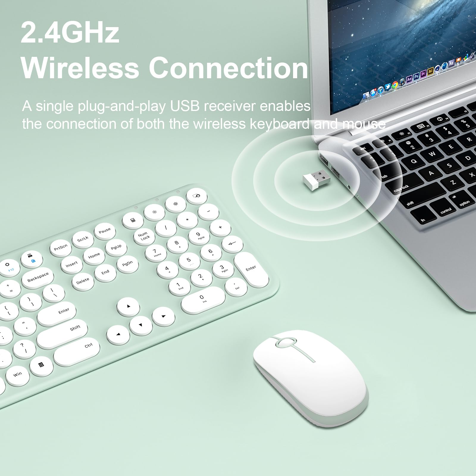 XTREMTEC Wireless Keyboard and Mouse Combo - 2.4GHz Ultra-Slim Quiet Retro Round Keycap Keyboard for Mac, PC, Laptop - Aesthetic Macaron Green Design for Office, Home, Gaming & Workspace Setup