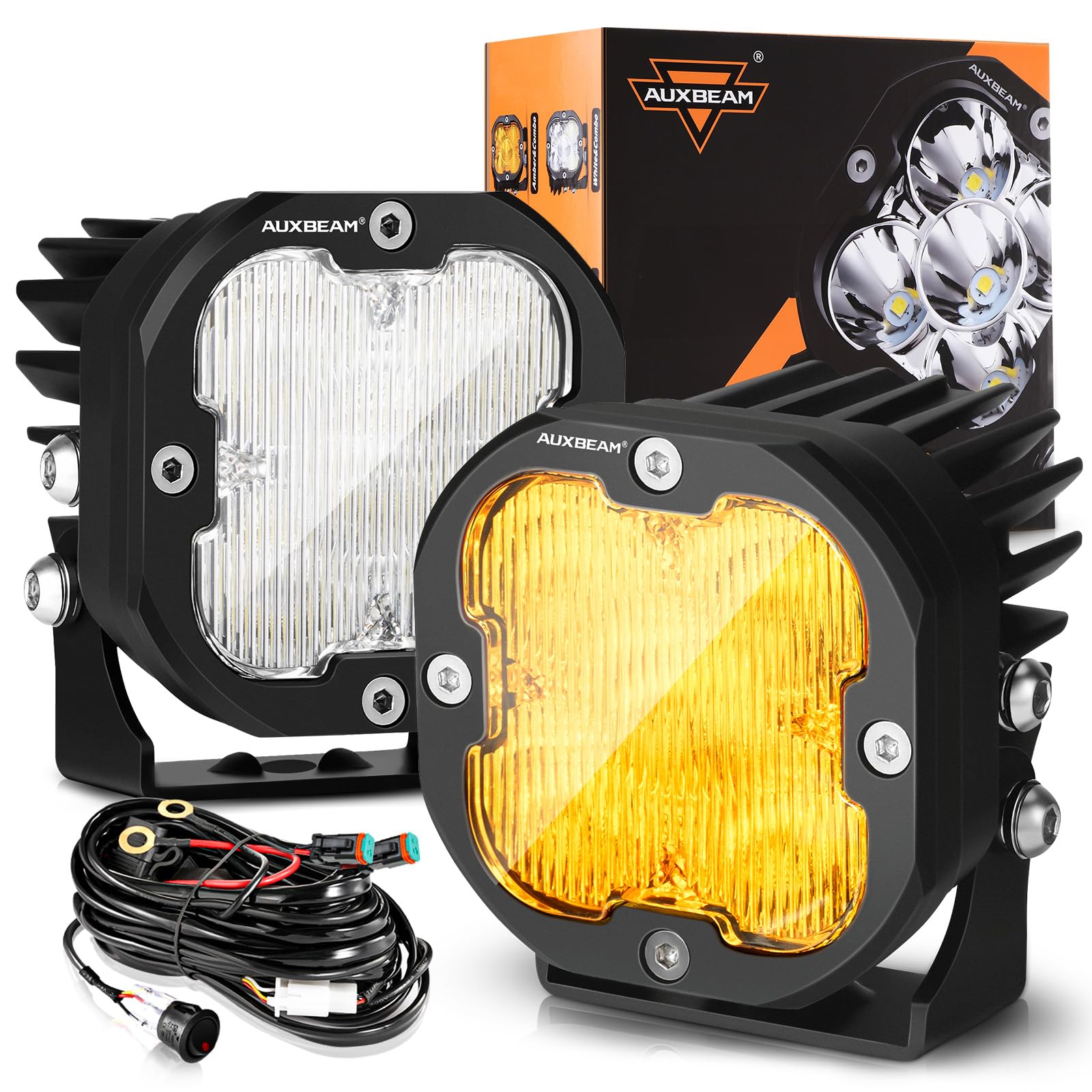 Auxbeam 3in Amber LED Pods - 80W 9600LM XP-Ultra Series Offroad Lights with 120° Wide Flood Beam for Trucks, Jeep, ATV, UTV | Ditch & Fog Lights for Off-Roading, Camping & Night Driving - Pair