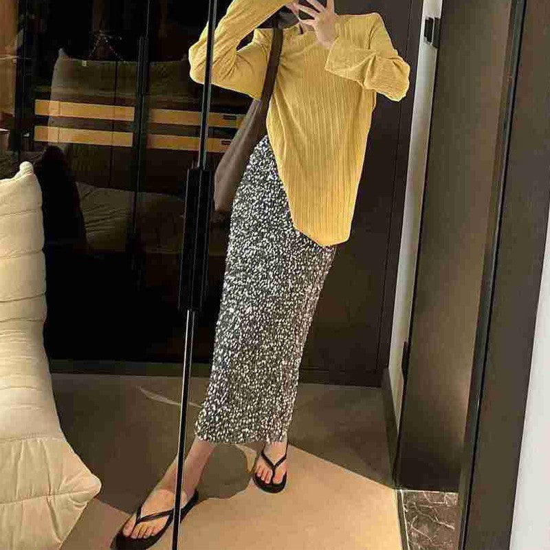 2025 New Fashion High Waisted Sequin Skirt for Women - Stretchy Elastic Waist, Back Slit, Slim Fit Straight Skirt - Perfect for Parties, Night Out, and Special Occasions