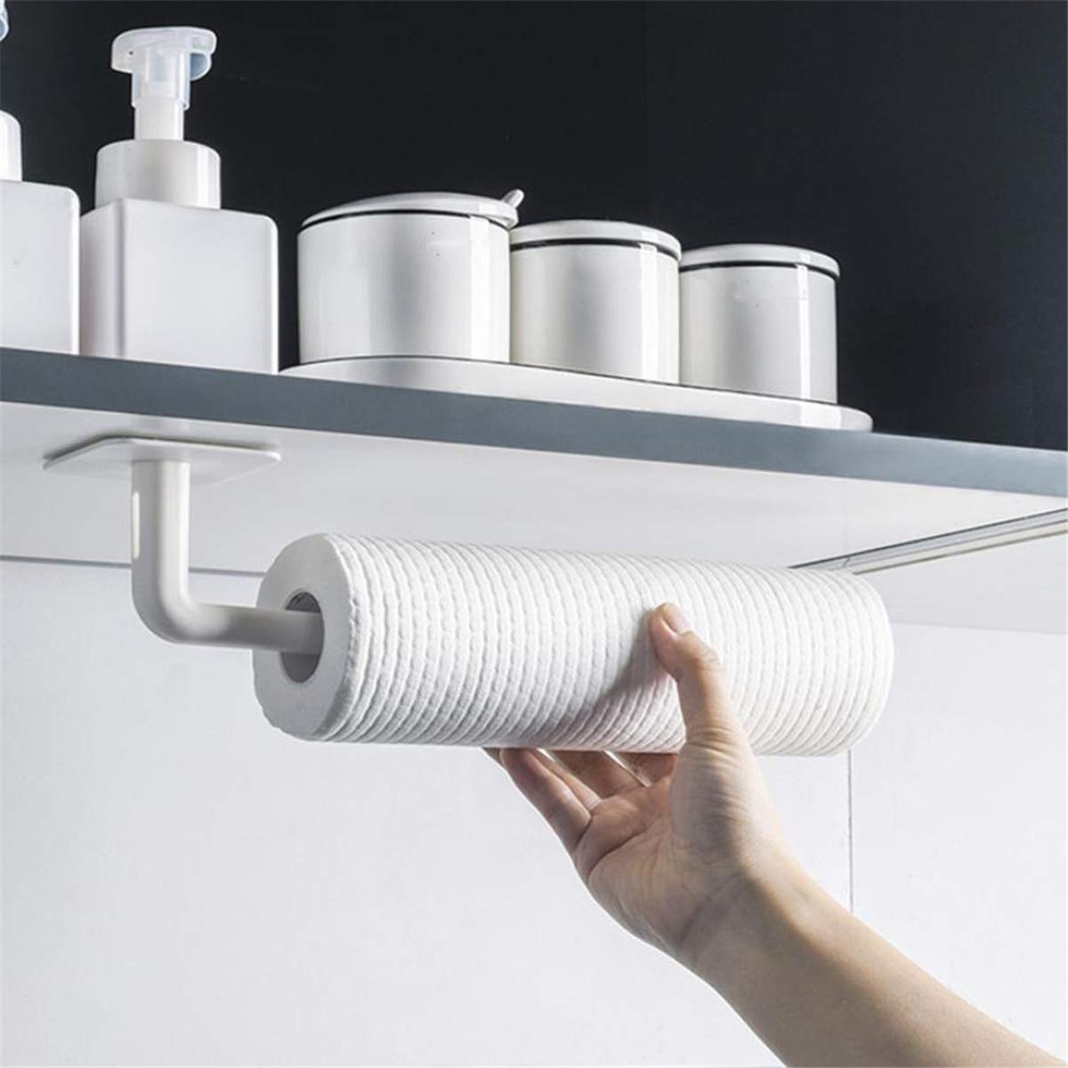 Self-Adhesive Paper Towel Holder & Dispenser - 2 Pack Multifunctional Kitchen Hooks for Cabinets, Countertops, Bathroom - Space Saving Organizer for Paper Towels, Pot Lids & Household Items