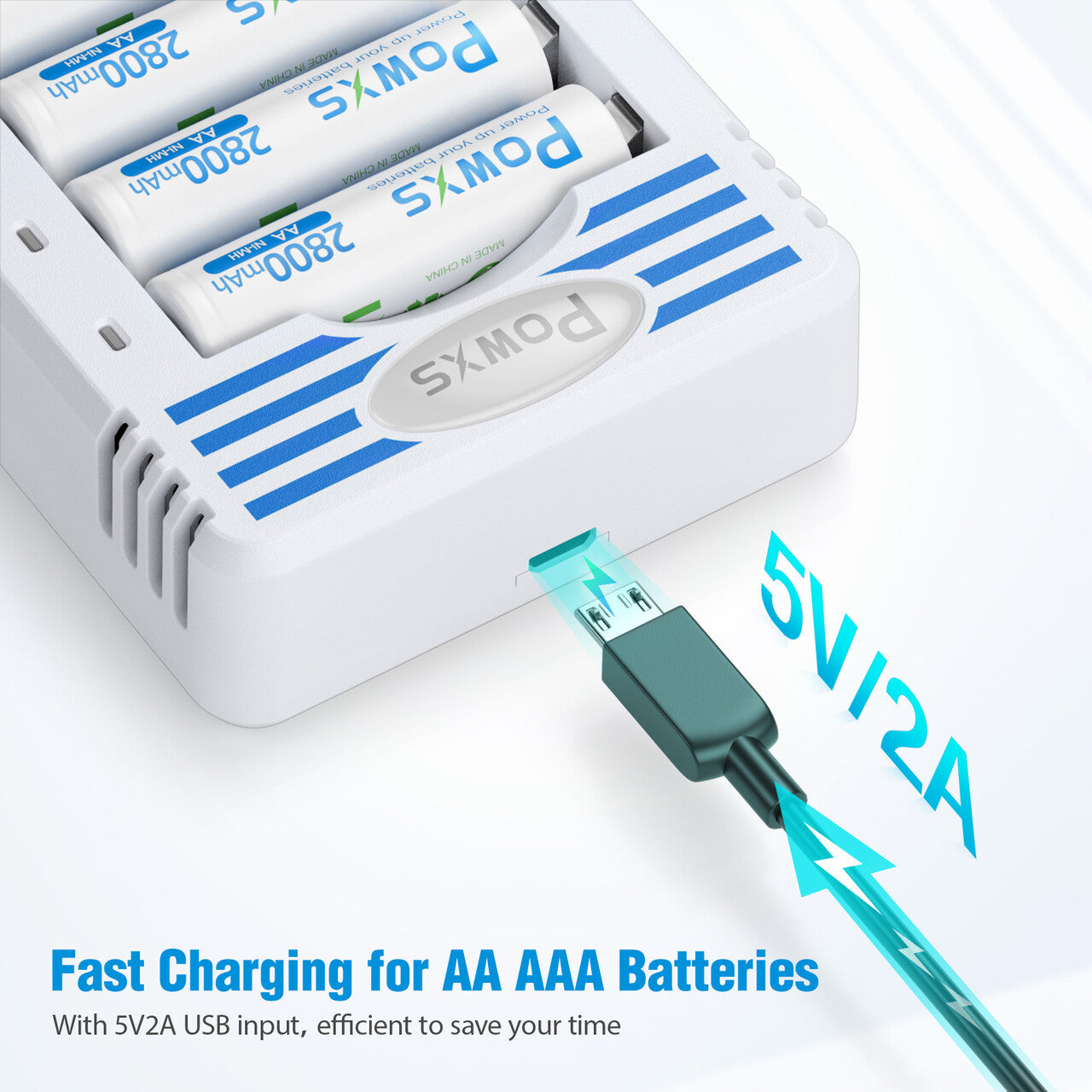 POWXS 8 Bay AA AAA Battery Charger with LCD Display - Fast Charging for Rechargeable Batteries - Perfect for Home, Office, and Travel Use