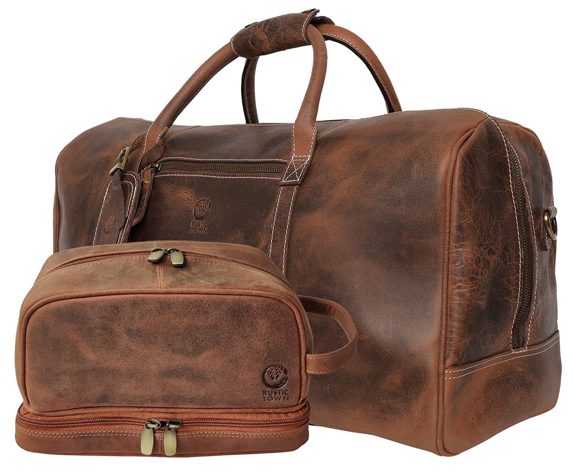 Premium Leather Duffel Bag & Toiletry Bag Set - Durable Men's Travel Accessories Gift for Business Trips, Gym & Weekend Getaways