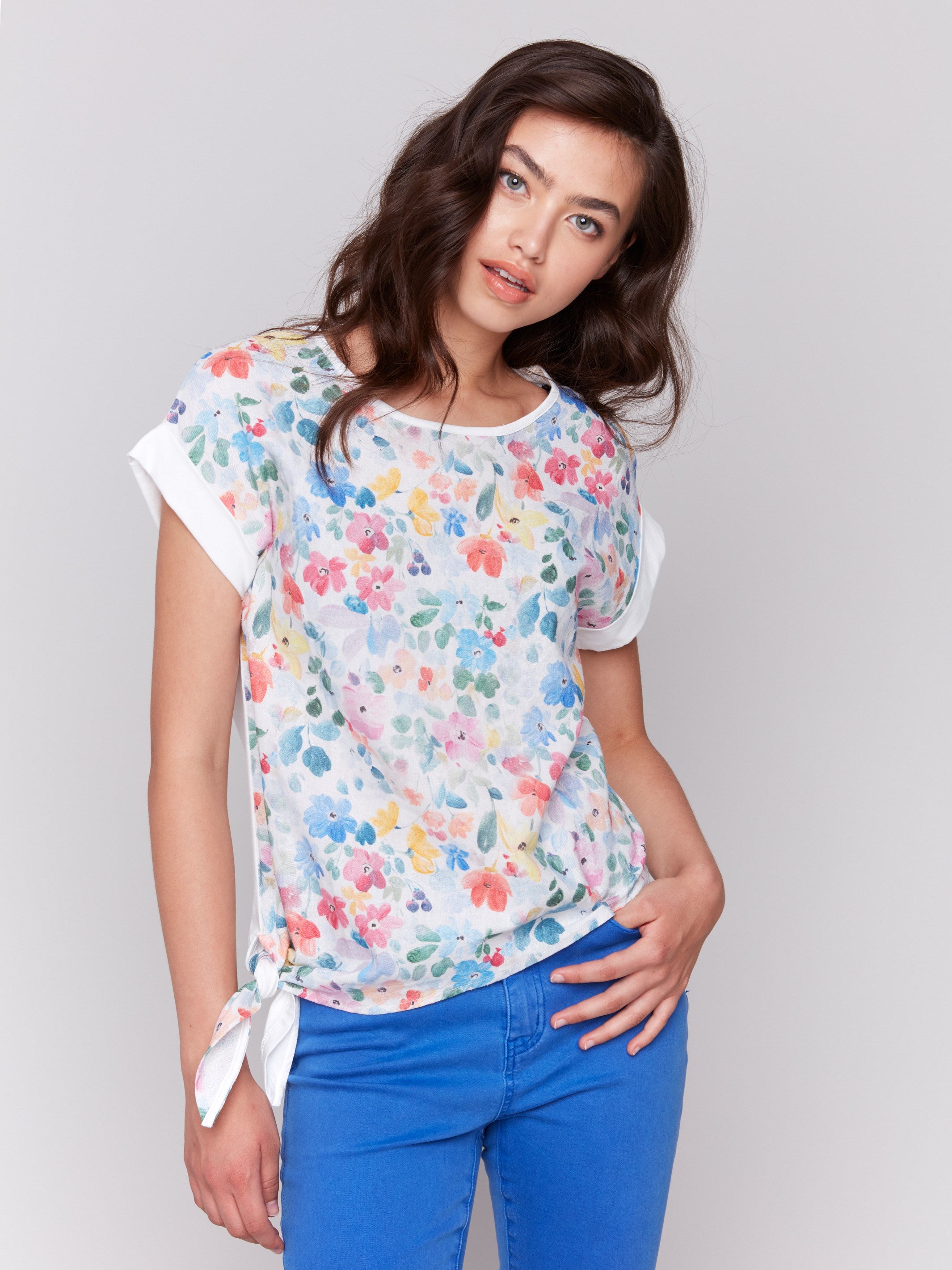 Floral Printed Linen Blend Women's Tops with Side Tie - Casual Summer Blouse for Beach, Vacation & Everyday Wear