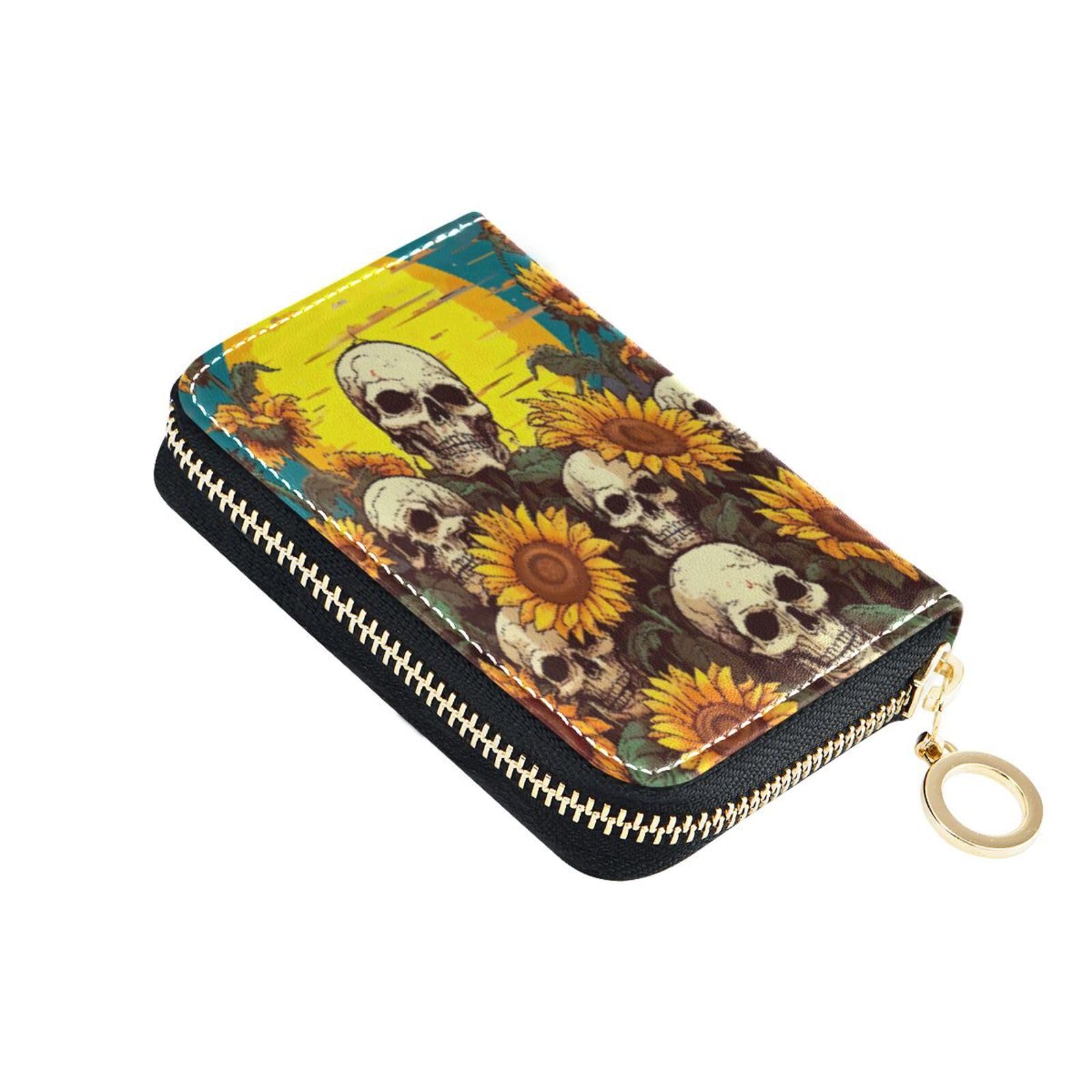 Floral Skull Leather Credit Card Holder - Sunflower Zipper Wallet ID Card Case for Women & Men - Perfect for Travel, Business, and Everyday Use (Style 20849082)