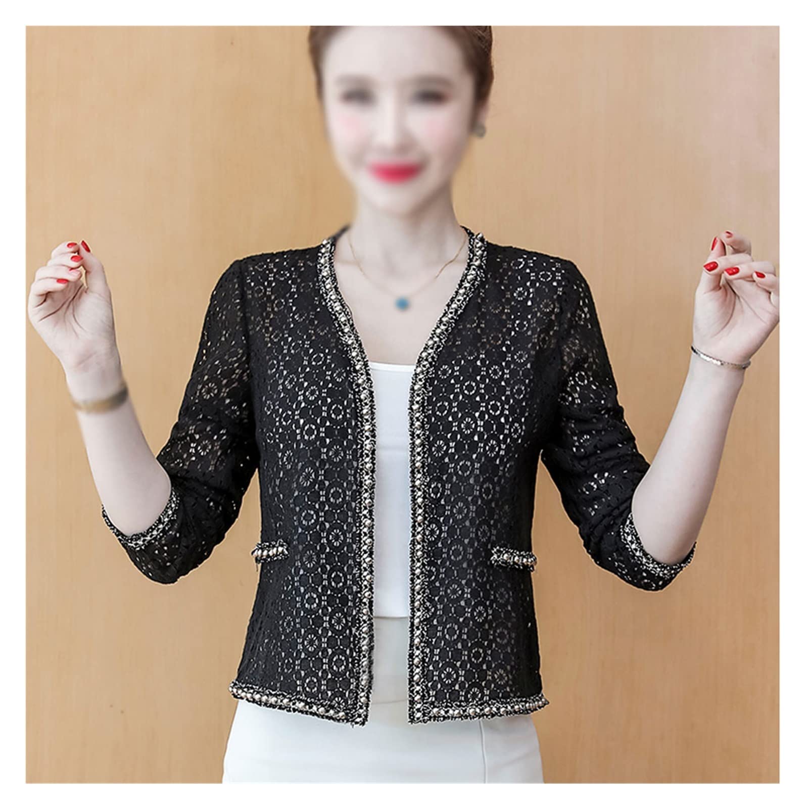 Elegant Autumn Women's Hollow Lace Long-Sleeve V-Neck Cardigan Coat - Black XXL | Perfect for Fall Layering, Office Wear & Evening Outfits