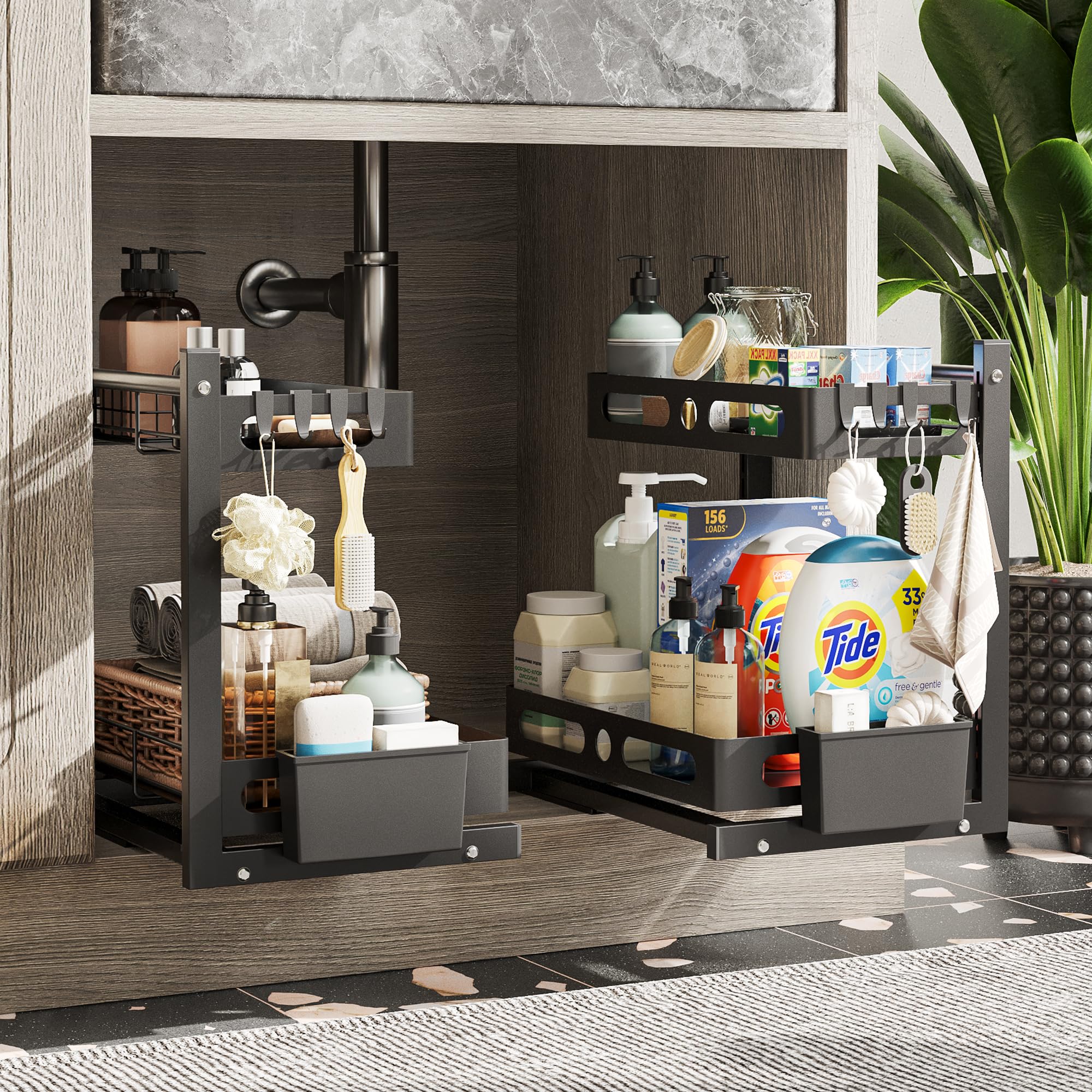 NETEL 2-Pack Under Sink Organizer - 2-Tier Pull Out Sliding Cabinet Basket for Kitchen & Bathroom Storage - Adjustable Height with Adhesive Nano Film - Perfect for Small Spaces, Pantry Organization & Clutter-Free Cabinets (Black)