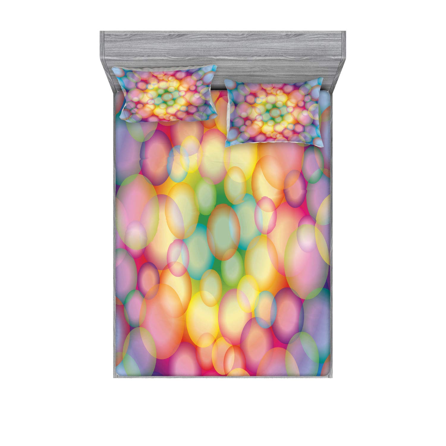 Ambesonne Modern 3-Piece Queen Size Bedding Set - Vibrant Rainbow Bubbles & Colorful Circular Hoops Art Print | Soft Breathable Fitted Sheet & Pillow Shams | Contemporary Bohemian Home Decor for Guest Rooms, Kids Bedrooms | All-Season Comfort for Cozy Sleep & Stylish Interiors