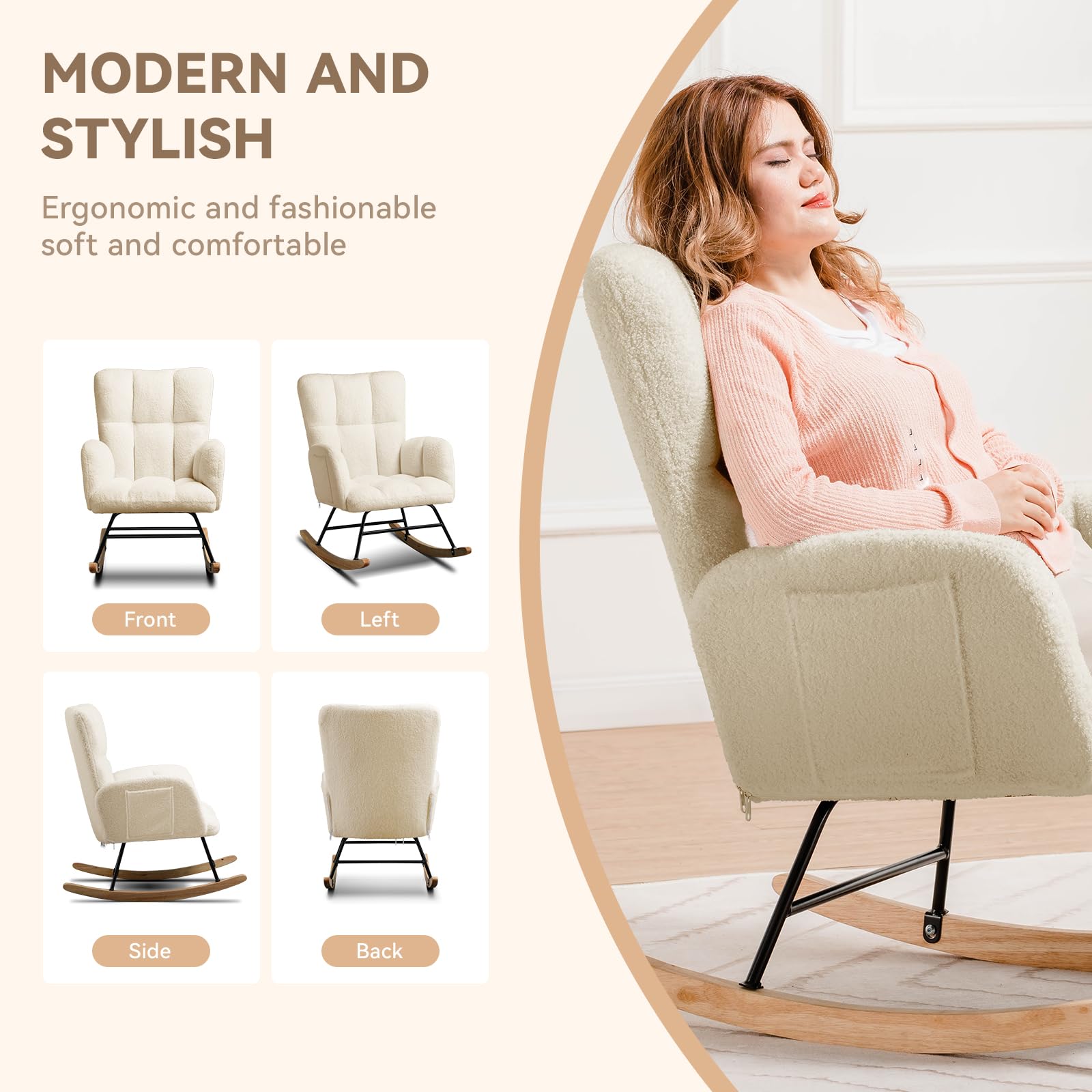 ComHoma Nursery Rocking Chair with Ottoman - Teddy Glider Recliner, High Back Accent Chair for Adults - Perfect for Reading, Nursing, Living Room & Office (Beige) | Cozy Comfort for Baby Nurseries, Relaxing Evenings & Home Decor
