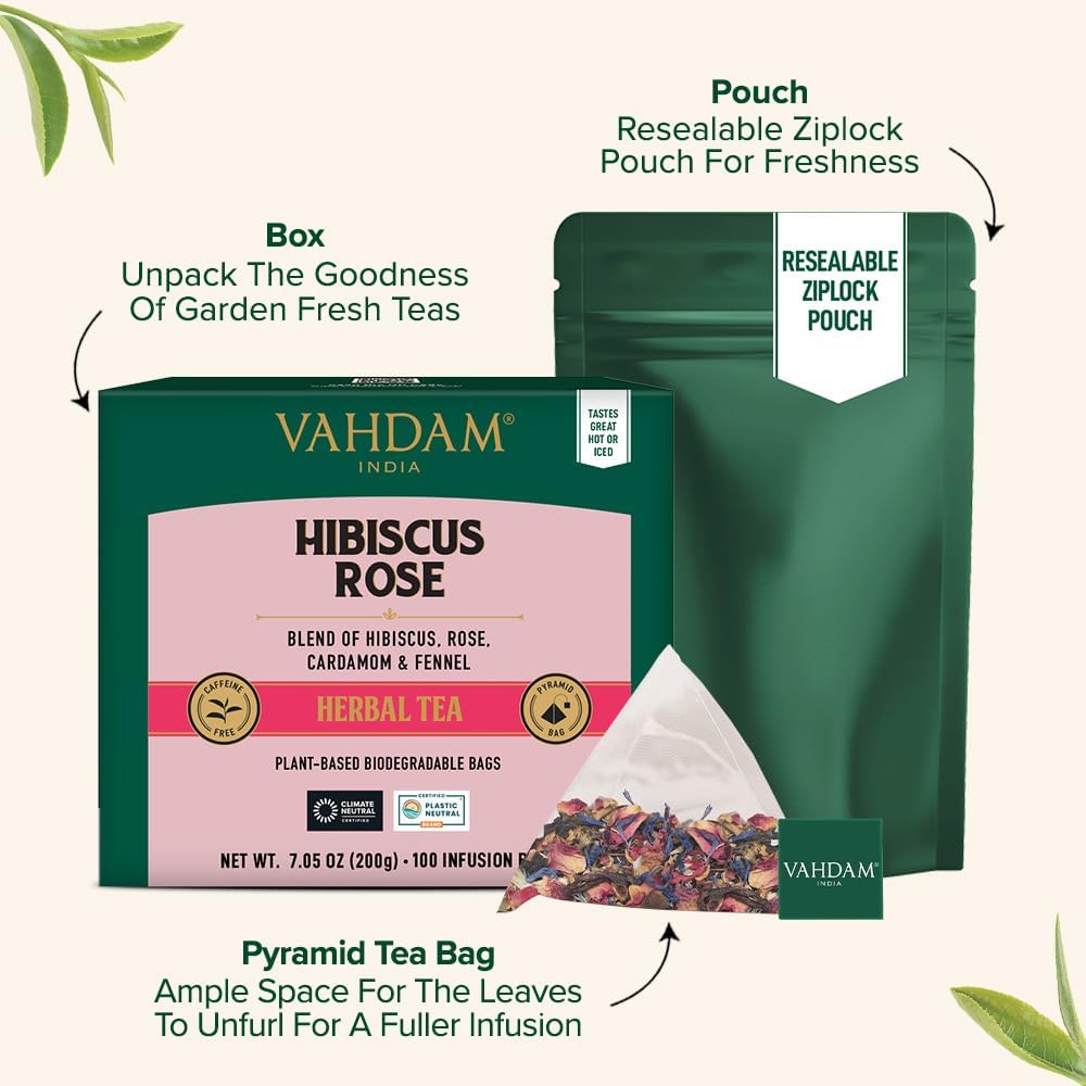 VAHDAM Hibiscus Rose Herbal Tea Bags - 100% Natural Whole Hibiscus Flowers with Rose Petals, Chamomile & Exotic Spices (100 Count) | Caffeine-Free Floral Infusion | Resealable Ziplock Pouch | Perfect for Relaxation, Detox & Afternoon Tea Time