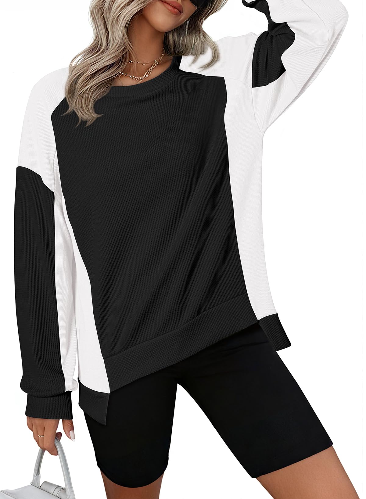Women's Oversized Waffle Knit Color Block Crewneck Sweatshirt - Casual Long Sleeve High-Low Pullover Top | Perfect for Lounge Wear, Fall Outfits & Street Style Fashion