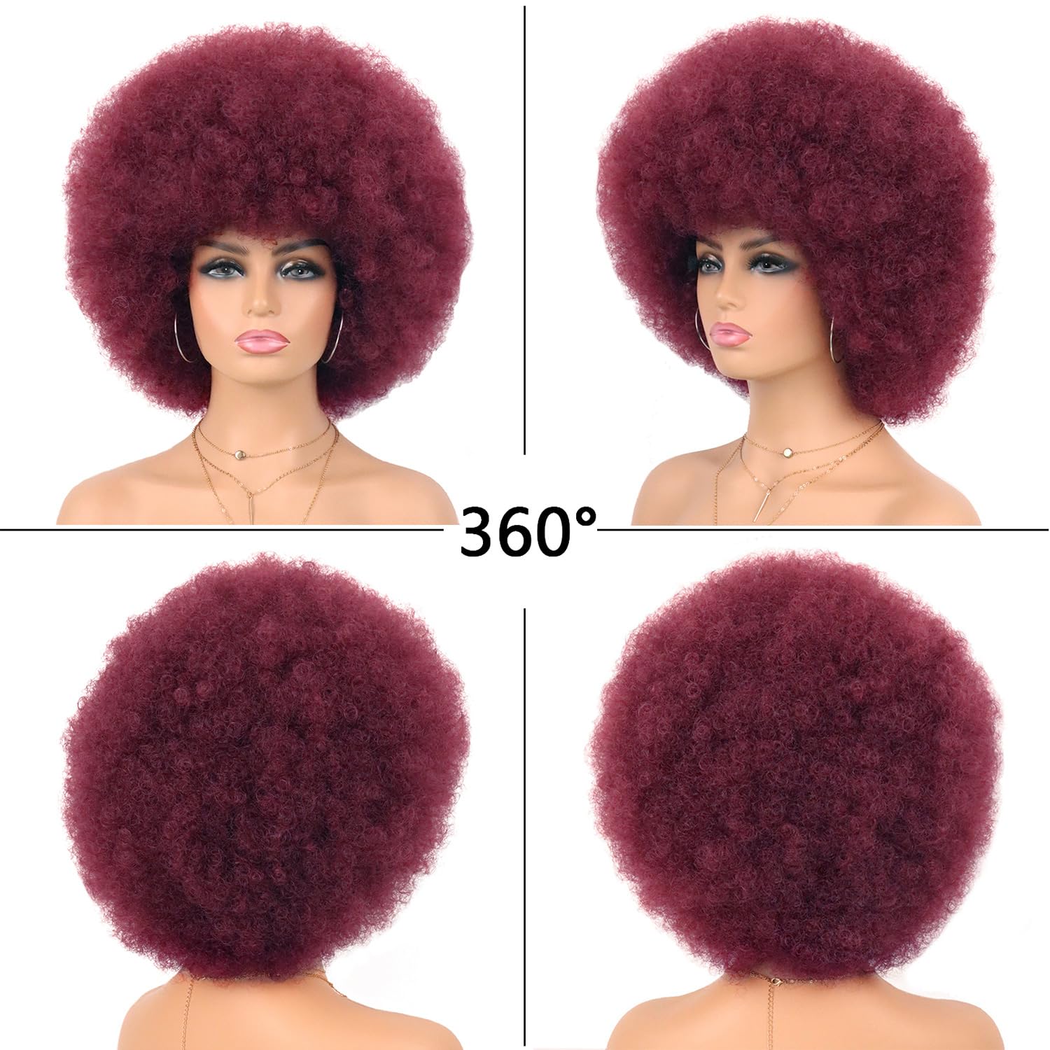 G&T 70s Afro Wig - Short Colored Afro Puff Wigs for Cosplay & Costume Parties | Glueless Heat Resistant Synthetic Wig | Natural Looking Fluffy Wine Red Afro Wig for Halloween, Disco Nights & Themed Events