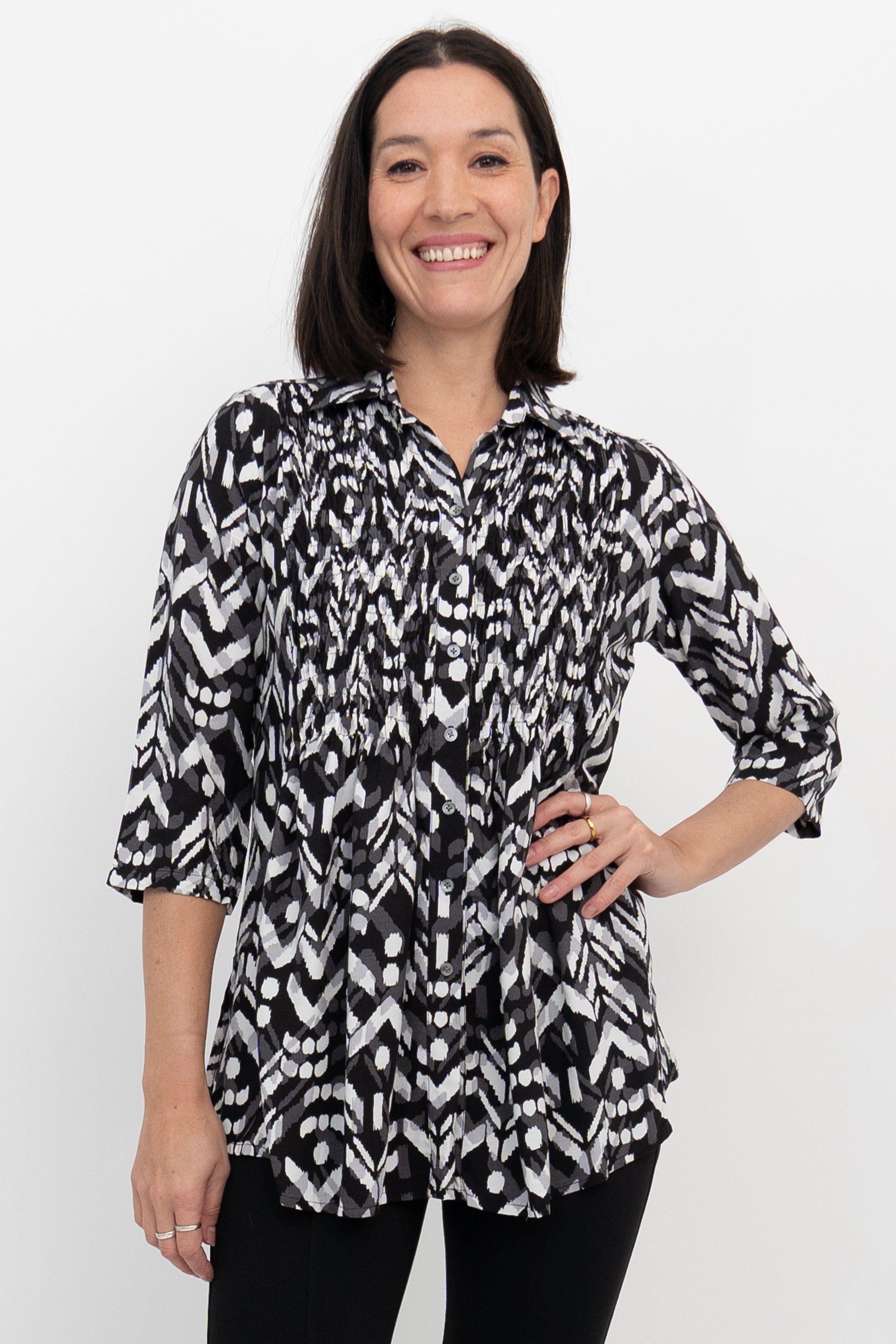 Cindy 3/4 Sleeve Tops for Women - Black & White Mosaic Print Blouse | Perfect for Office Wear, Casual Outfits & Date Nights