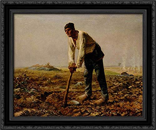 Jean Francois Millet 'Man With A Hoe' 24x20 Black Ornate Wood Framed Canvas Art - Vintage Farmhouse Wall Decor for Living Room, Office & Study