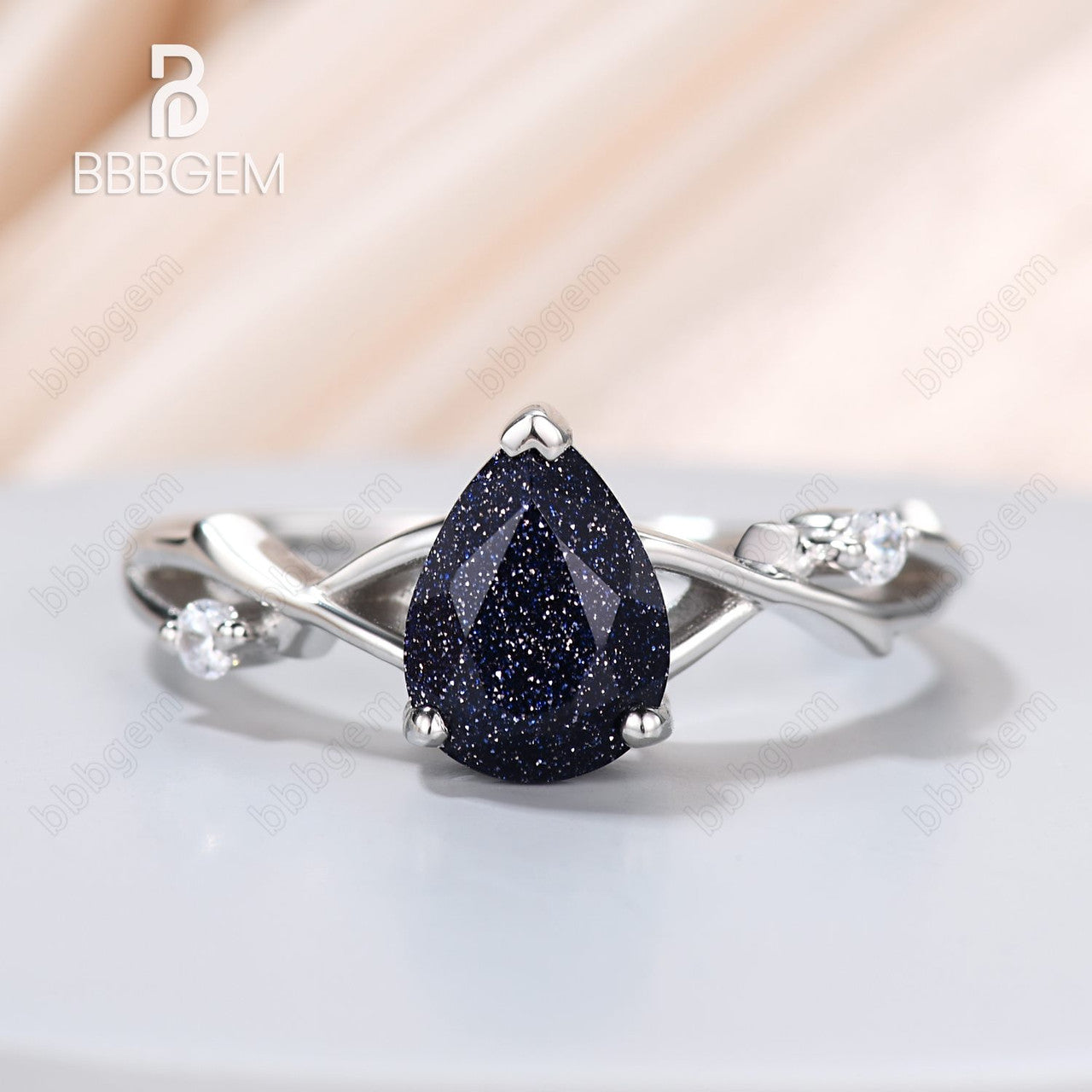 925 Sterling Silver Round Natural Blue Sandstone Ring - White Gold Plated Petite Twisted Willow Galaxy Engagement Ring for Women | Wedding, Anniversary, Gift, Boho Jewelry