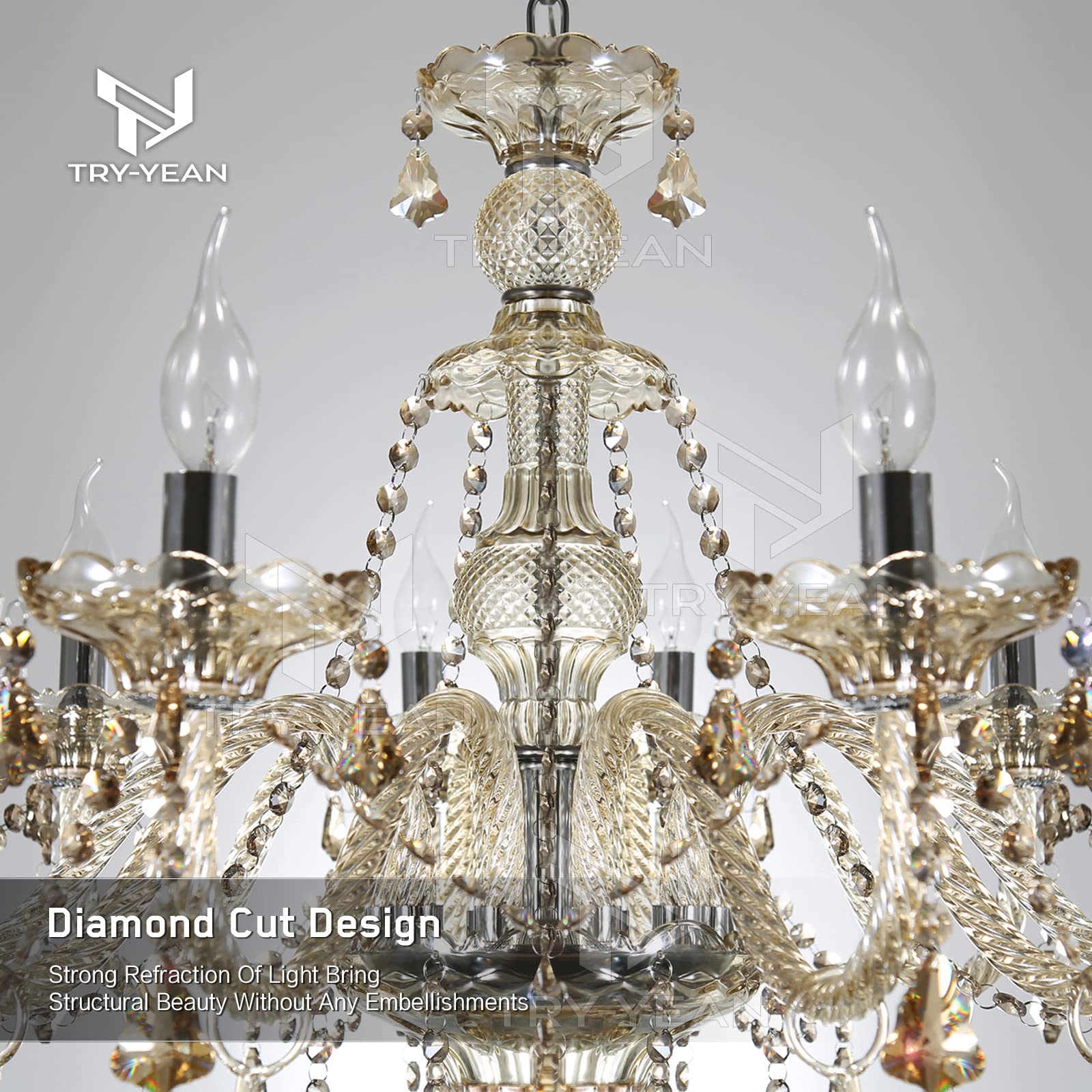 Modern 10-Light Cognac Chandelier with K9 Crystal Glass & Adjustable Chain - Classic Candle Style Ceiling Pendant Light for Bedroom, Dining Room, Hallway (E12 Base) - Perfect for Romantic Dinners, Wedding Decor & Luxury Home Lighting