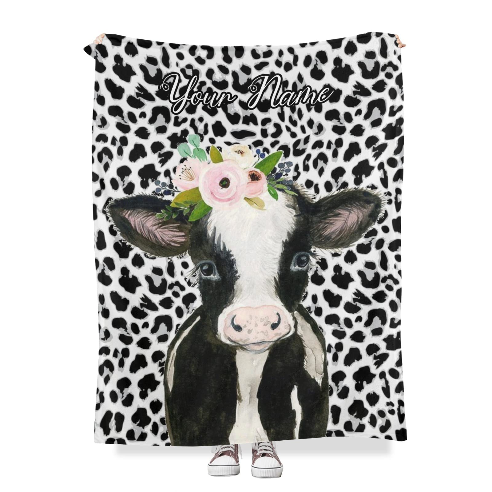 Custom Personalized Leopard Floral Cow Print Fleece Blanket 50