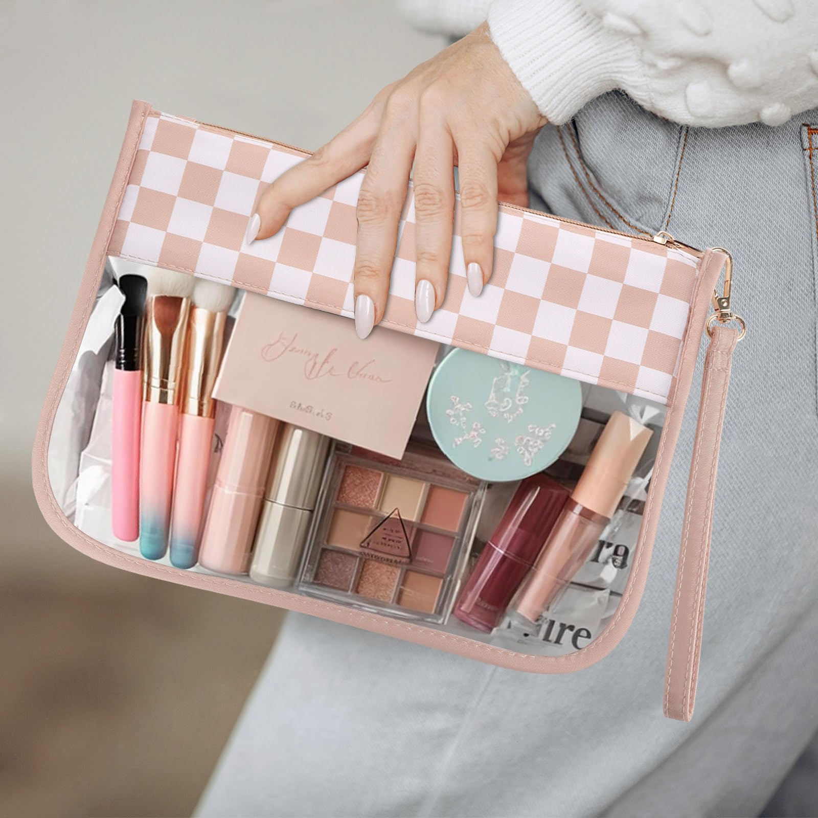 Checkered Clear Makeup Bag for Women - Waterproof Travel Toiletry Pouch & Cosmetic Organizer Storage Bag - Perfect for Travel, Gym, and Daily Essentials (Great Gift Idea)