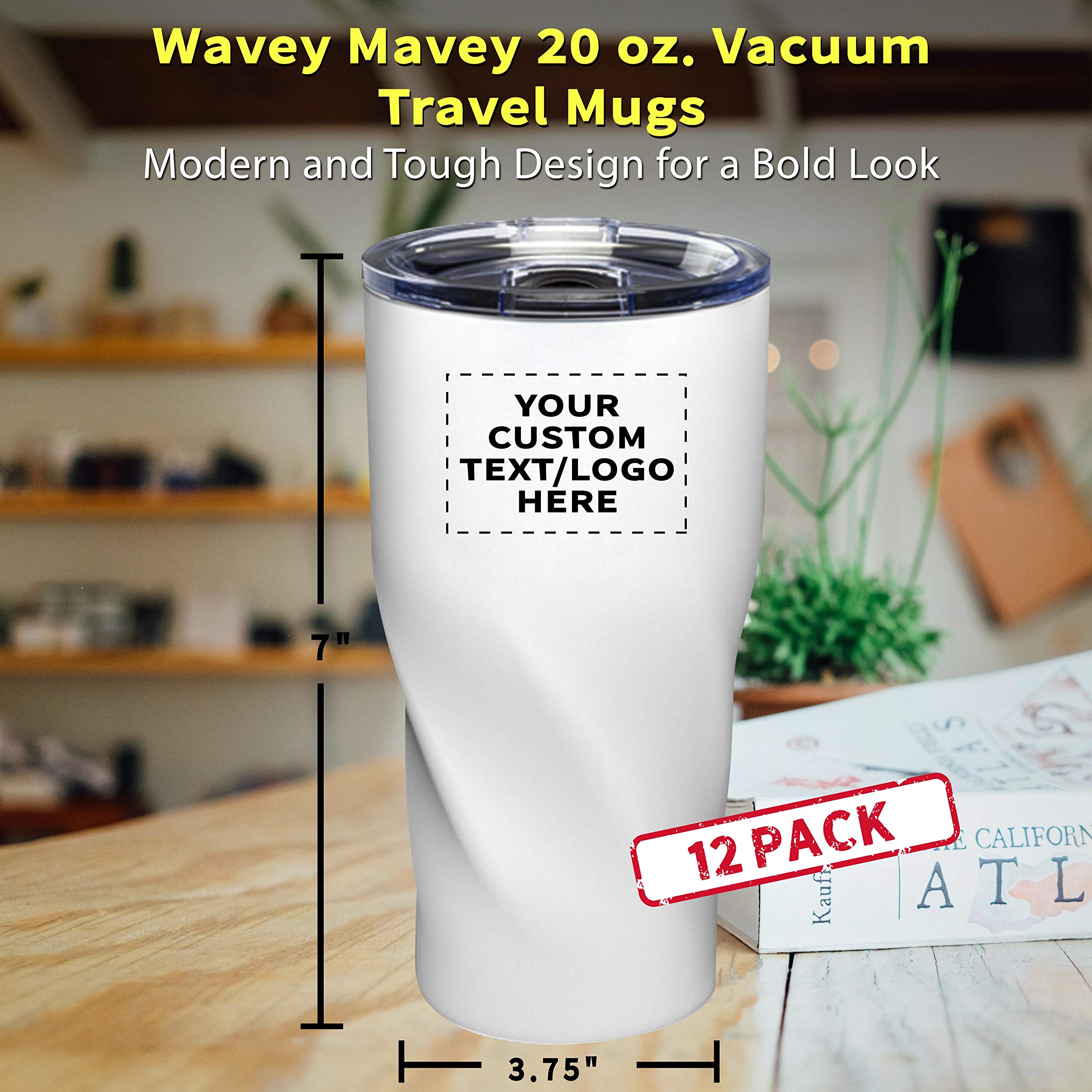Custom 20 oz. Vacuum Insulated Travel Mugs - 12 Pack Personalized with Text & Logo - White - Perfect for Corporate Gifts, Promotional Events & Outdoor Adventures