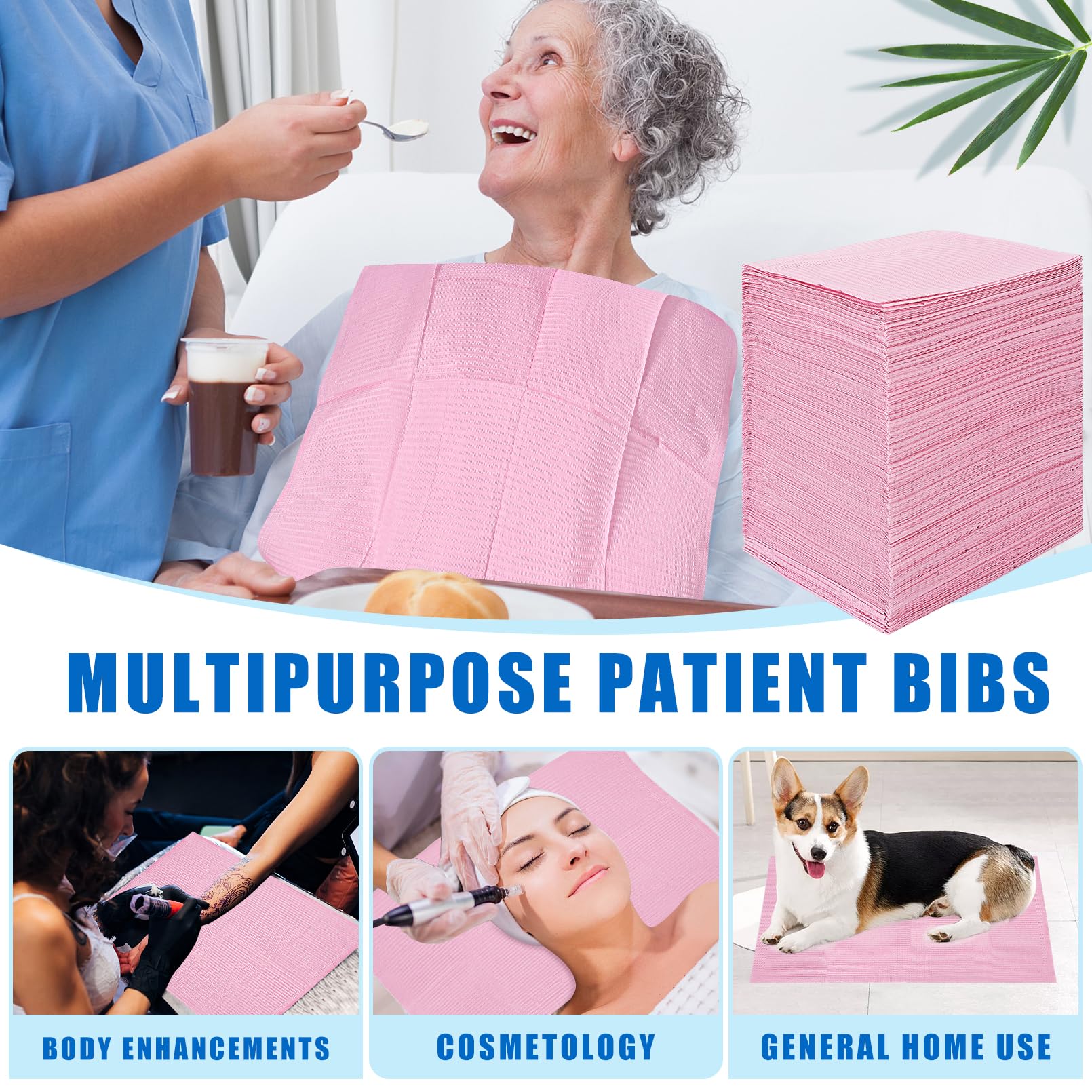 250Pcs Disposable Pink Dental Bibs - 3 Ply Waterproof Tattoo & Piercing Bibs, Soft Fluid-Resistant Table Covers for Dentist Patients (13”x18”) - 2 Packs of 125 - Ideal for Dental Clinics, Tattoo Parlors & Baby Feeding