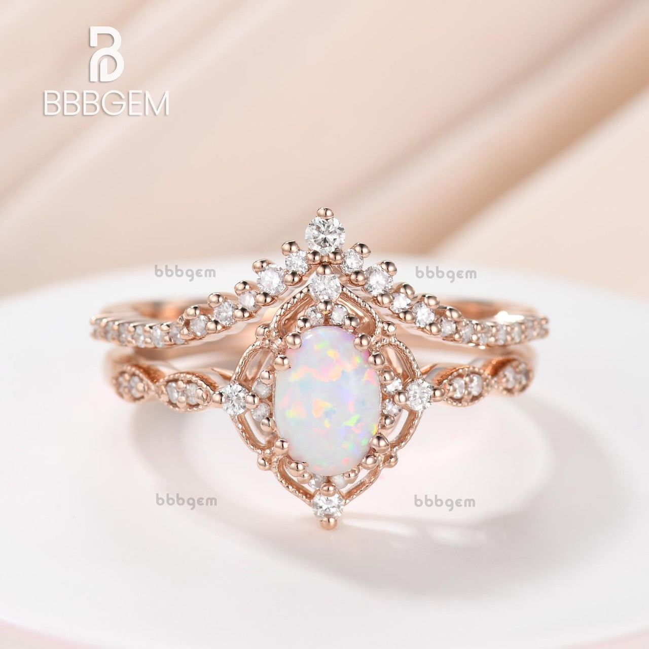 Vintage Art Deco Opal Bridal Ring Set - Oval Opal Engagement Ring with Rose Gold & Diamonds - Wedding & Anniversary Gift for Her - Perfect for Proposals, Bridal Jewelry & Special Occasions