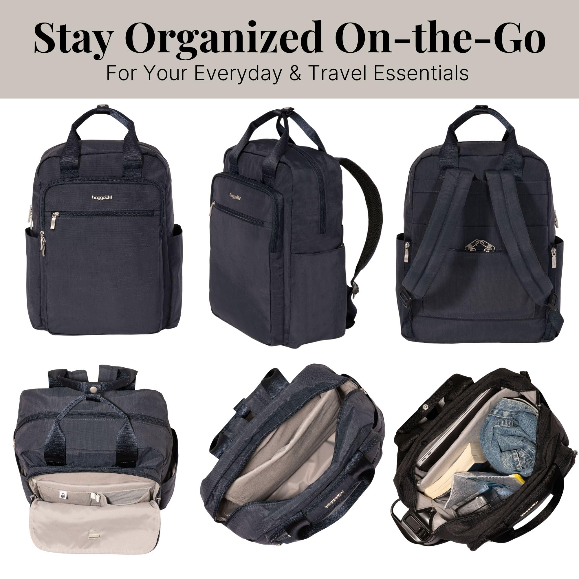 Baggallini Commuter Laptop Backpack 15x11 Inch - Lightweight Travel Backpack with RFID Protection & Luggage Sleeve - Perfect for Business Travel, Daily Commute & College Students