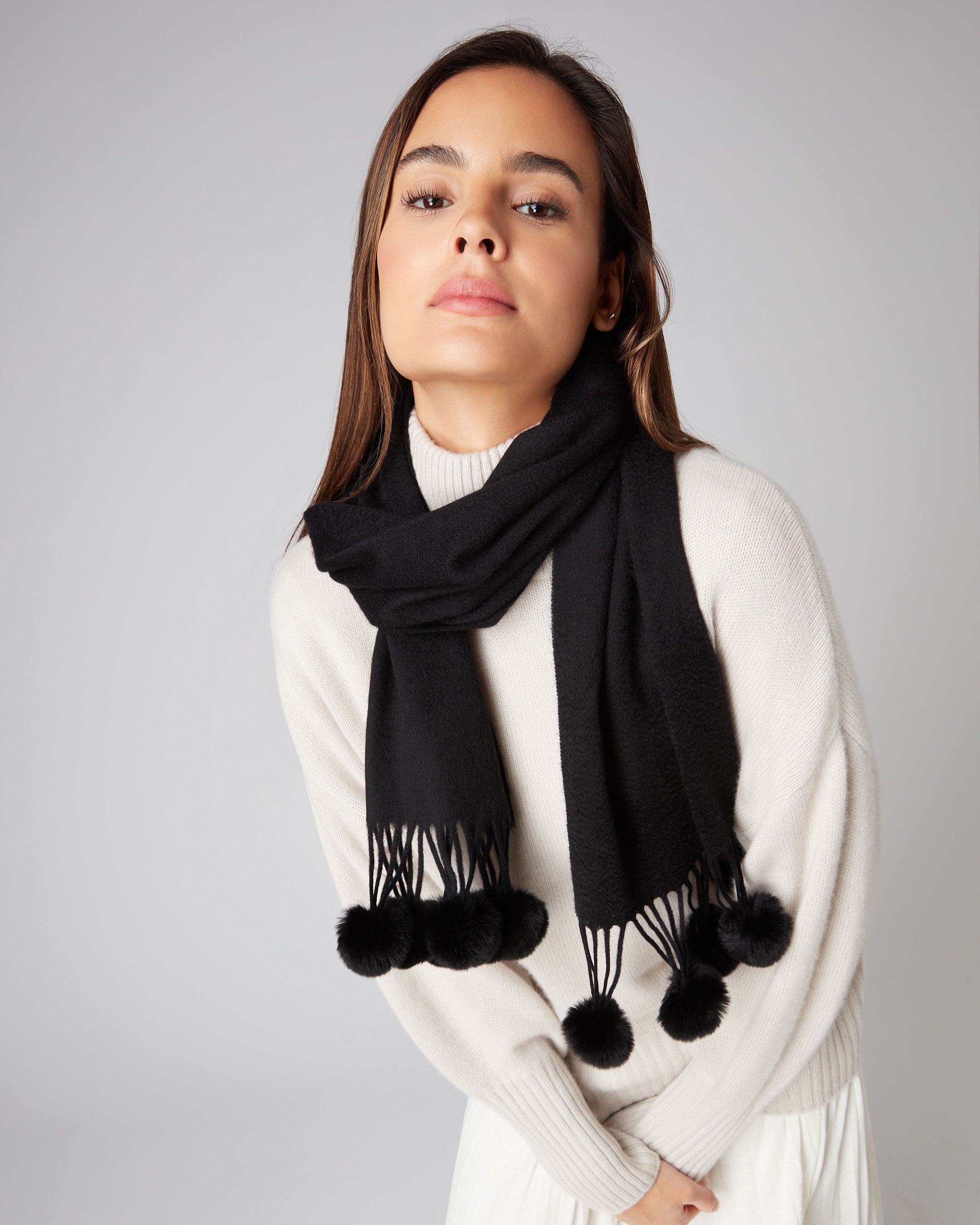 Luxury Women's Davos Fur Pom Pom Cashmere Scarf - Soft Winter Warm Black Scarf for Women - Perfect for Cold Weather, Office & Holiday Outfits