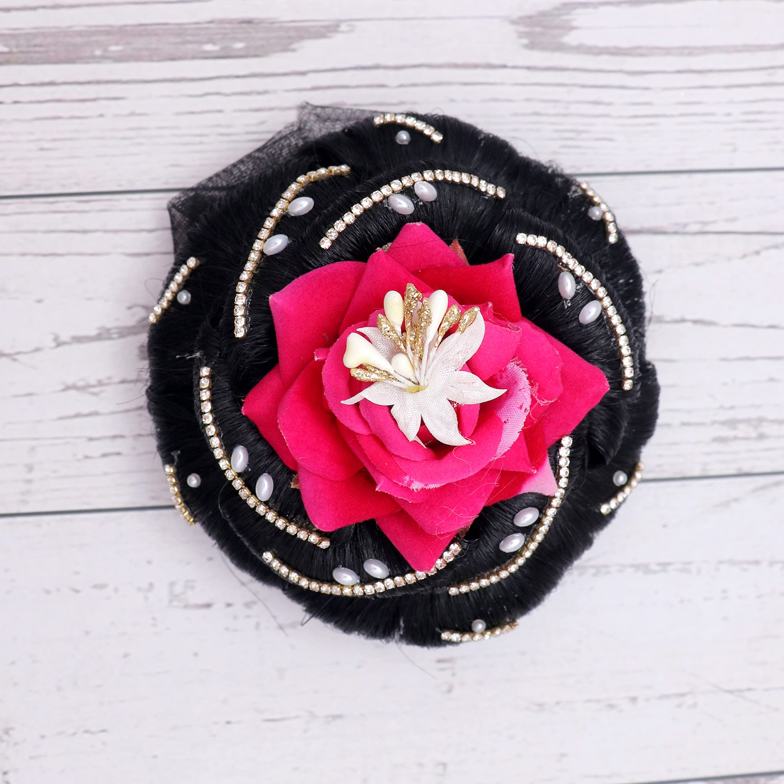 NAVMAV Artificial Red & Black Rose Flower Bun Hair Clip - Bridal Wedding Hair Accessory for Women & Girls - Perfect for Weddings, Parties & Special Occasions - Pack of 1