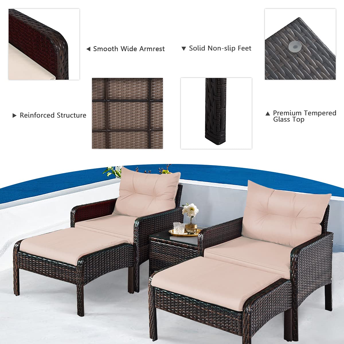 HappyGrill 5-Piece Outdoor Patio Furniture Set - All-Weather Rattan Wicker Conversation Set with Coffee Table, Cushioned Sofas & Ottoman - Perfect for Garden, Backyard, Poolside & Patio Relaxation