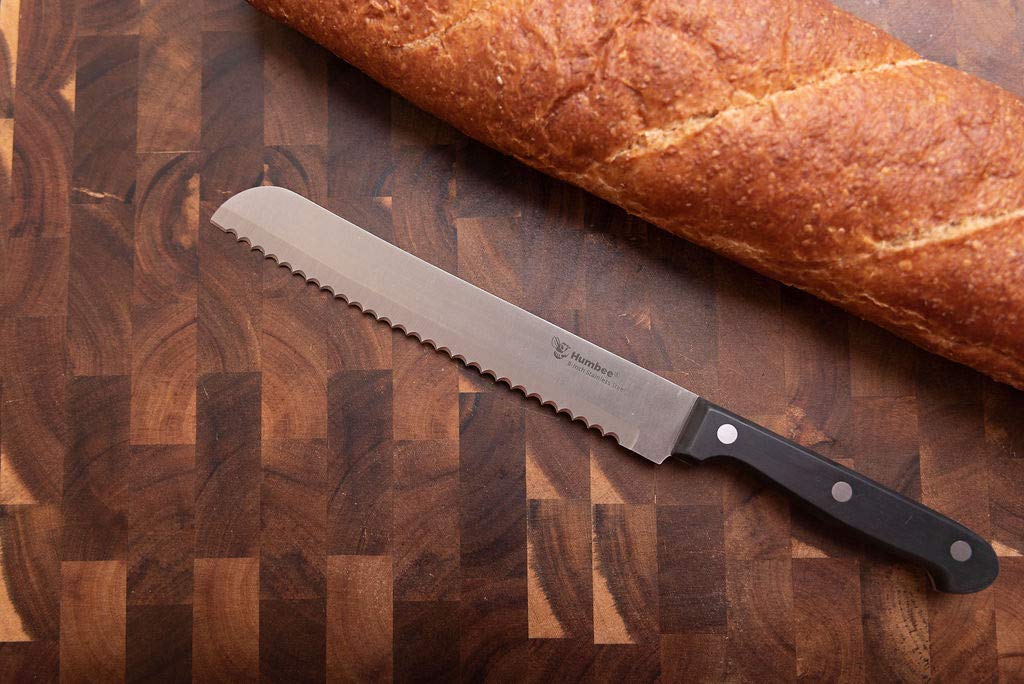 8 Inch Serrated Bread Knife with Wave Edge - Black Blade for Slicing Bread, Cakes, and Pastries - Perfect for Home Kitchens and Bakeries