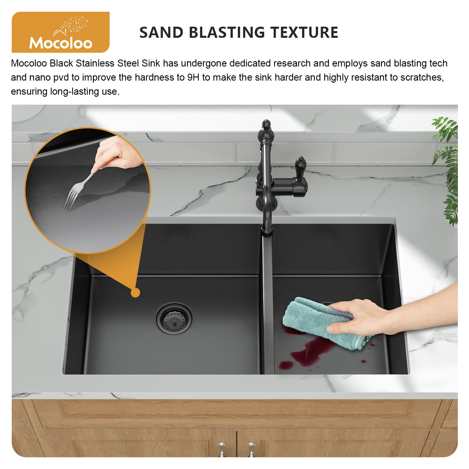 Mocoloo 33 Inch Undermount Double Bowl Kitchen Sink - 60/40 Split, Nano Gunmetal Black, 16 Gauge Stainless Steel, Handmade (33