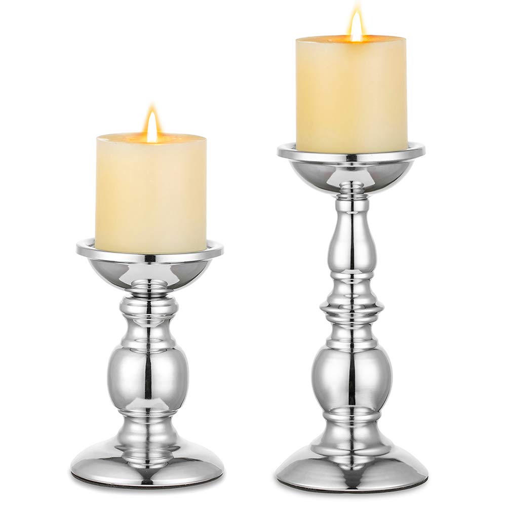 Elegant Silver Metal Pillar Candle Holders for 3-Inch Candles - Set of 2 | Perfect for Living Room Decor, Garden Ambiance, Spa Relaxation, Aromatherapy, Incense Cones, Weddings & Parties