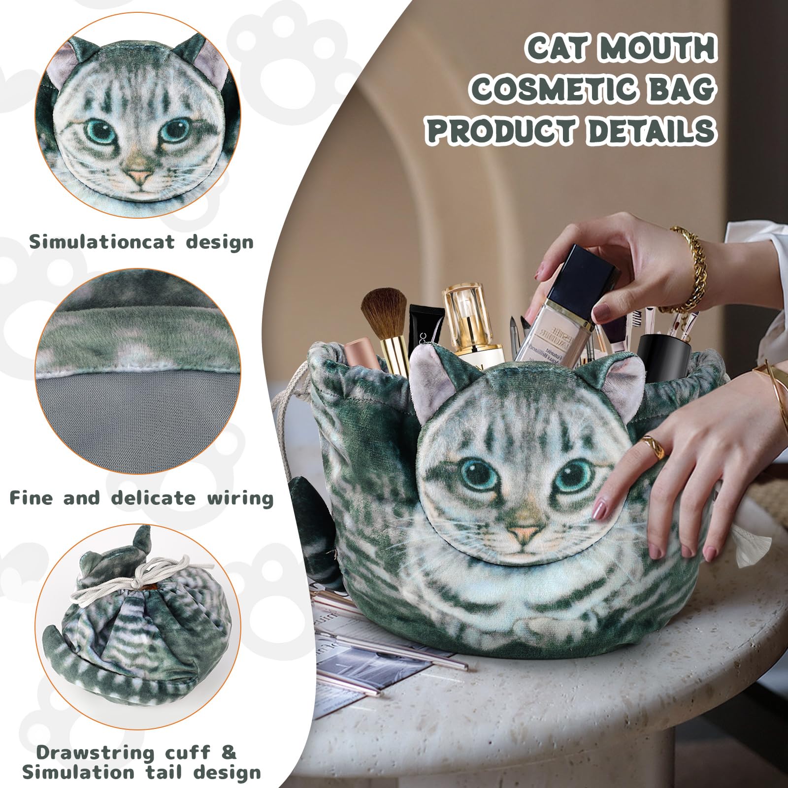 Stylish Grey Tabby Cat Shaped Drawstring Makeup Bag for Women - Cute Cosmetic Case | Perfect for Travel, Gym & Daily Organizer
