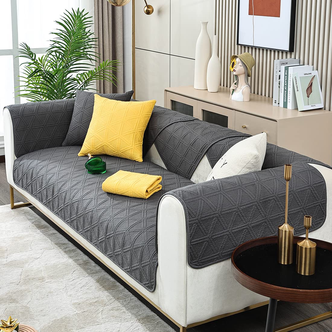 Geometric Embroidery Sofa Cover - Non-Slip Cotton Quilted Couch Slipcover with Triangle Pattern, Dark Gray 36x82 Inches - Perfect for Sectional Couches, Living Room Furniture Protection & Home Decor
