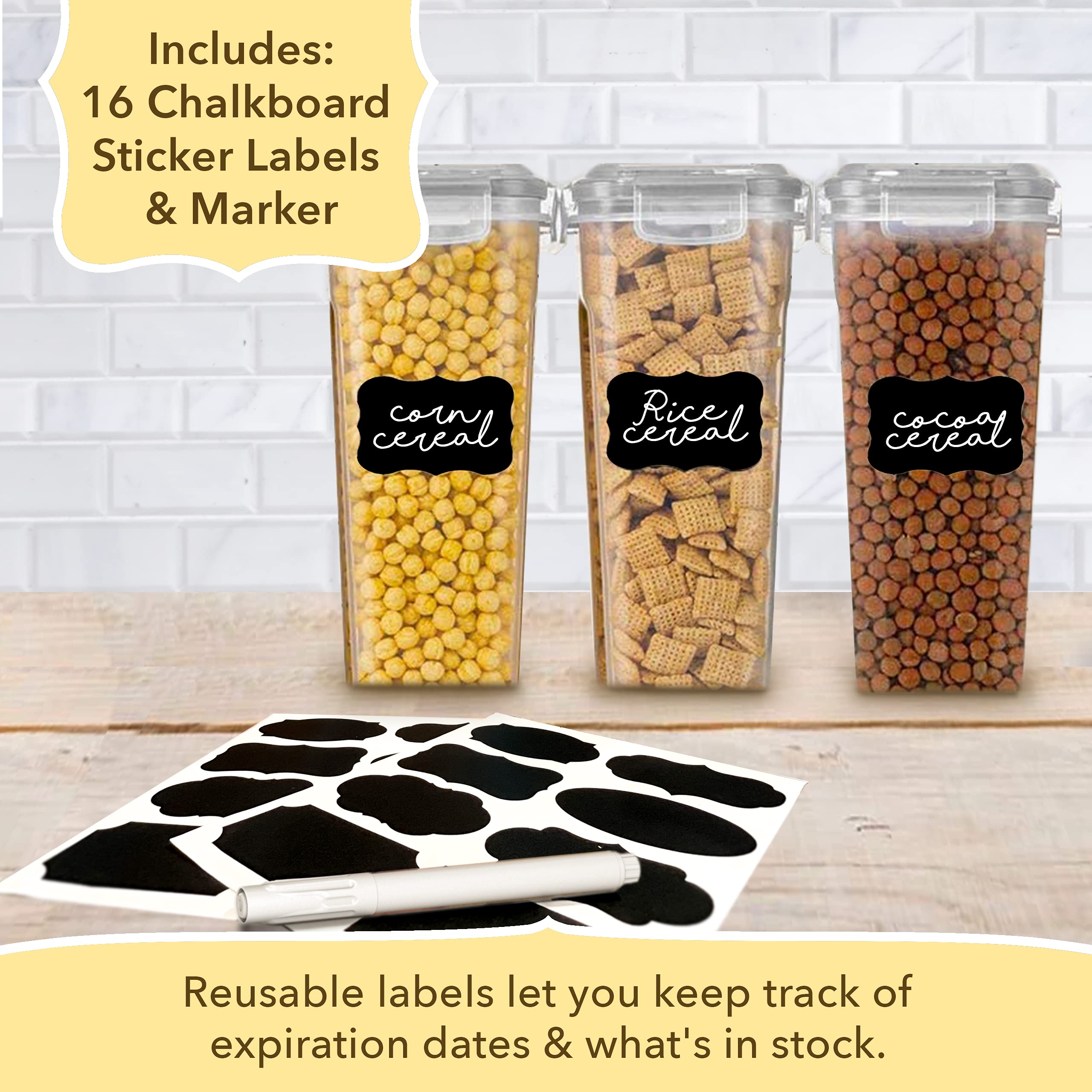 Simply Gourmet Cereal Storage Containers Set - 3 Airtight Food Canisters with Lids for Kitchen Pantry Organization | Perfect for Cereal, Flour, Sugar, Pasta & Dry Food Storage