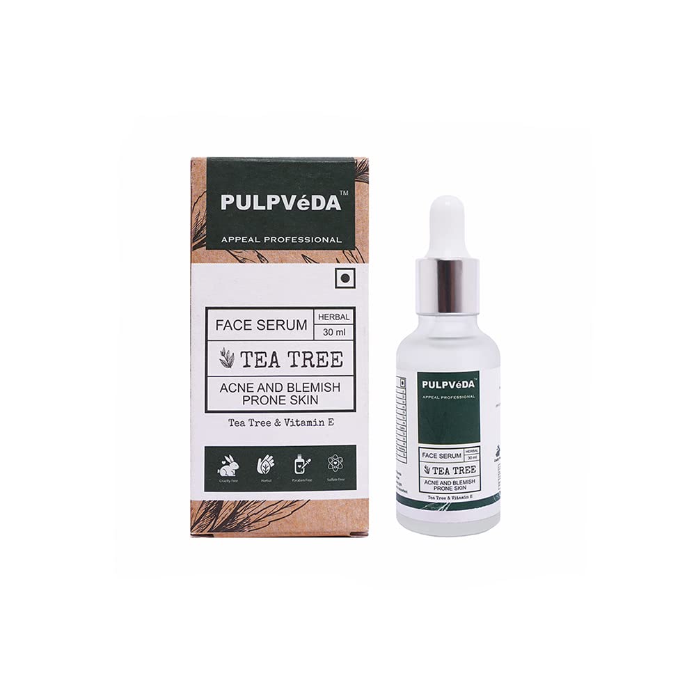 PULPVEDA Tea Tree Face Serum with Olive & Jojoba Oil - Natural Anti-Acne Treatment for Blemishes, Pimple Spots & Scars | Skin Purifying Formula | No Added Colors or Harmful Acids | 30ml | Perfect for Oily & Acne-Prone Skin Daily Care