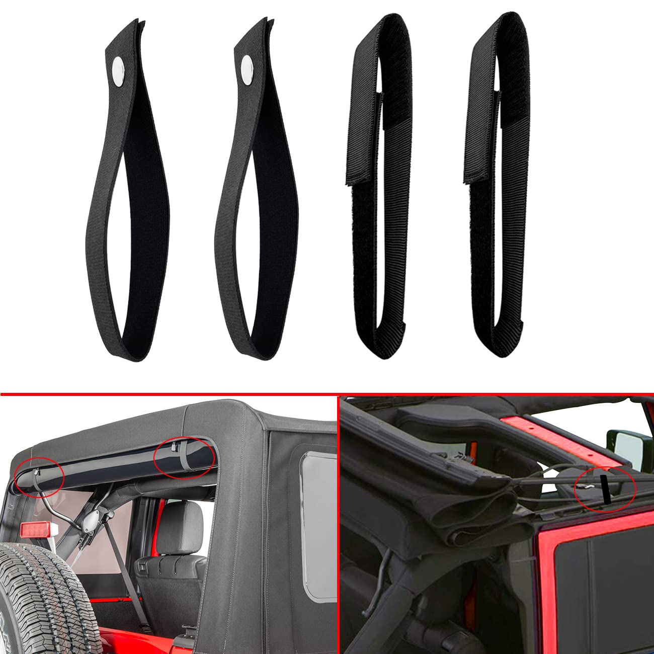 Jeep Wrangler JK Tie Down Straps - 4PCS Black Soft Top Straps, Rear Window Straps & Roll Up Straps | Secure Your Jeep Accessories for Off-Roading & Storage