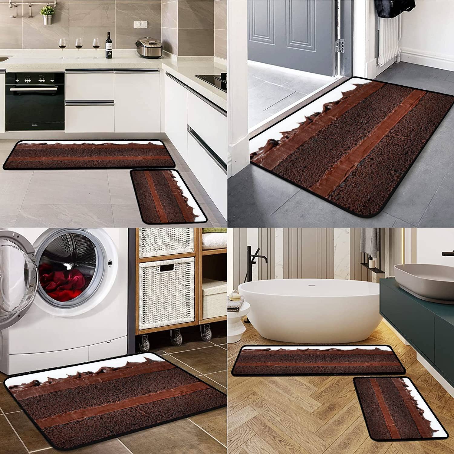 Non-Slip Washable Kitchen Rugs Set - Chocolate Cake Design Floor Mat, Comfort Standing Runner for Kitchen Decor, Bath Rug & Doormat - Perfect for Home, Office, and Entryway