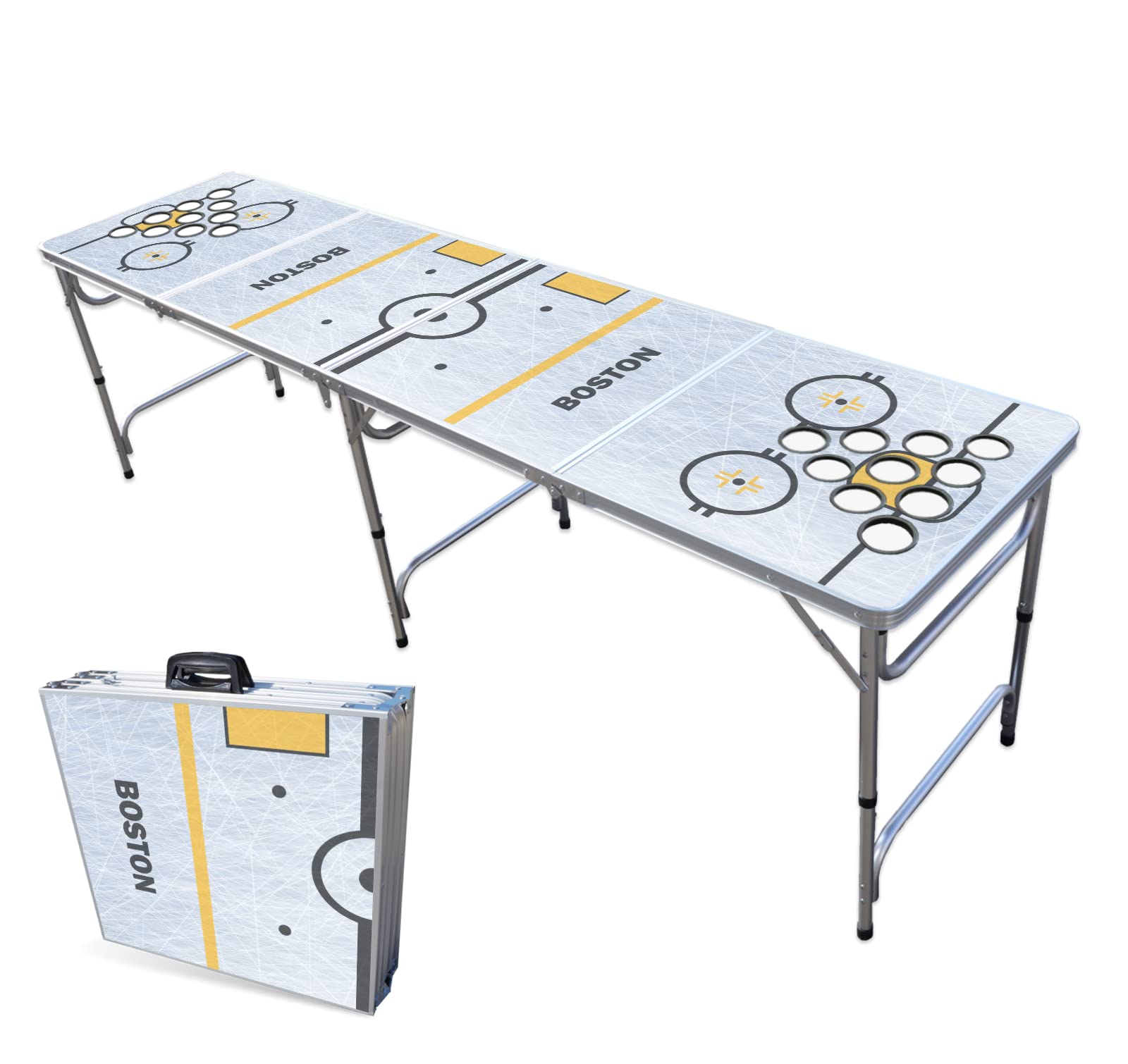 8-Foot Folding Portable Beer Pong Table with LED Lights & Custom Cup Holes - Boston Hockey Rink Design for Indoor/Outdoor Parties, Tailgates & College Events