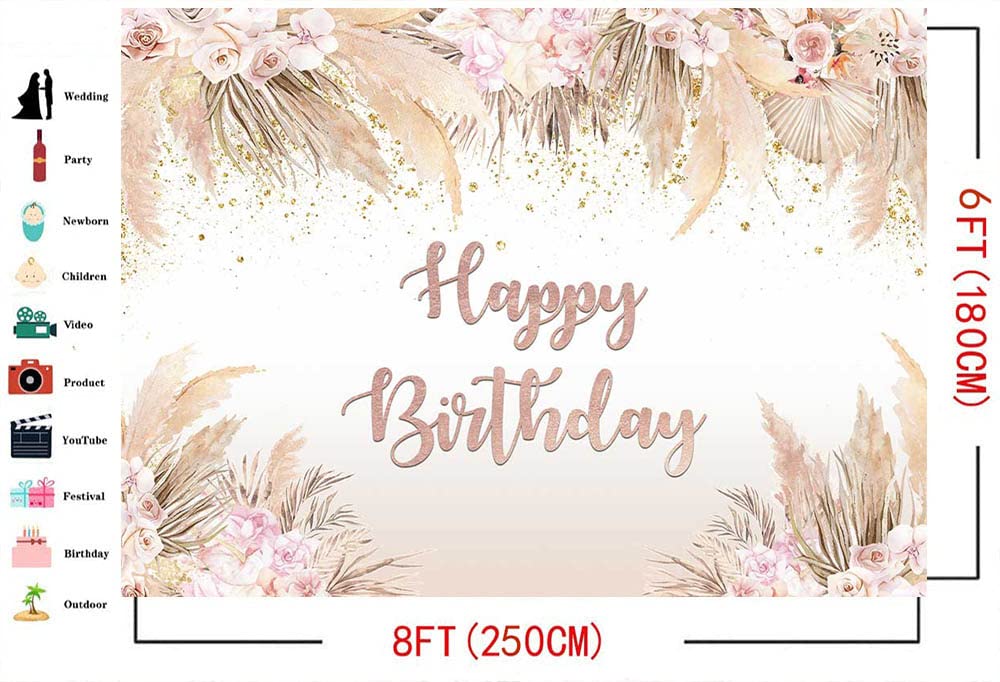 Boho Happy Birthday Backdrop for Women & Girls - Bohemian Chic Pink Flowers & Pampas Grass Vinyl Photo Booth Background (8x6ft) - Perfect for Birthday Parties, Cake Tables, and Decorations