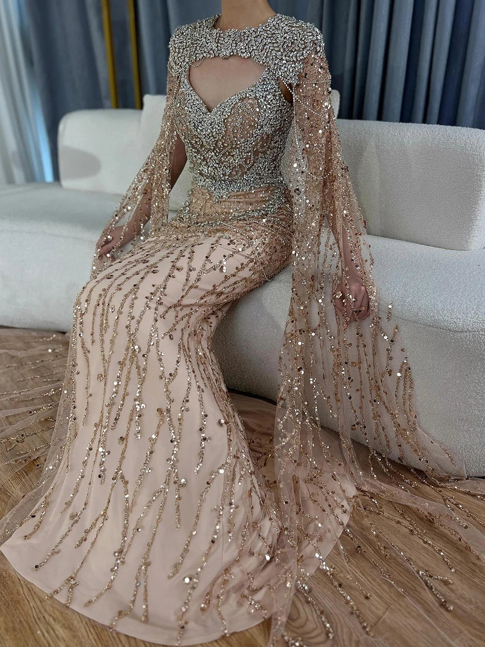 Elegant Nude Mermaid Evening Dress with Beaded Crystal Removable Cape Sleeves - Formal Gown for Prom, Wedding & Red Carpet Events | Serene Hill LA72539