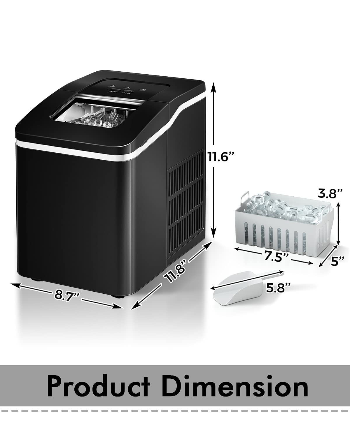 Portable Ice Maker - Mini Countertop Ice Machine with Automatic Cleaning & Scooper - Makes 9 Cubes in 8 Minutes (Black) - Perfect for Home, Office, RV & Outdoor Parties