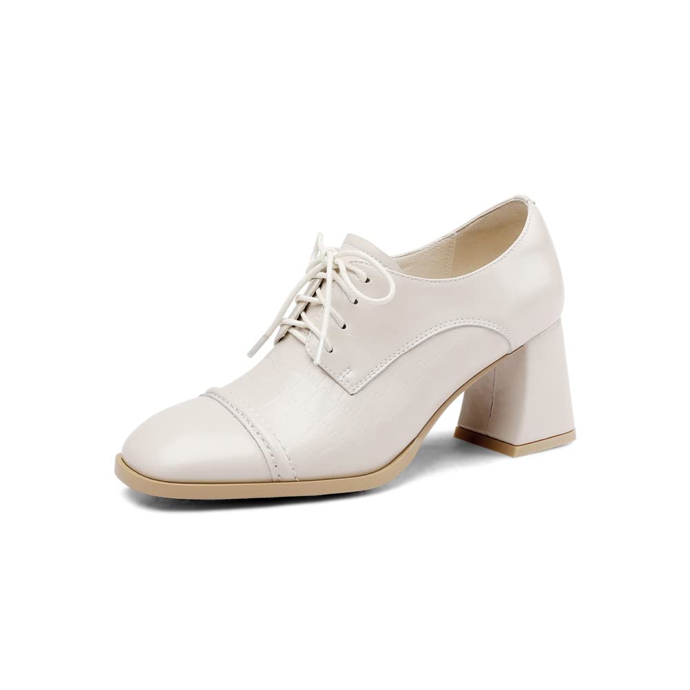 TinaCus Women's Square Toe Genuine Leather Handmade Lace Up Mid Chunky Heel Casual Pumps Shoes - Comfortable Office Work & Party Wear for Women