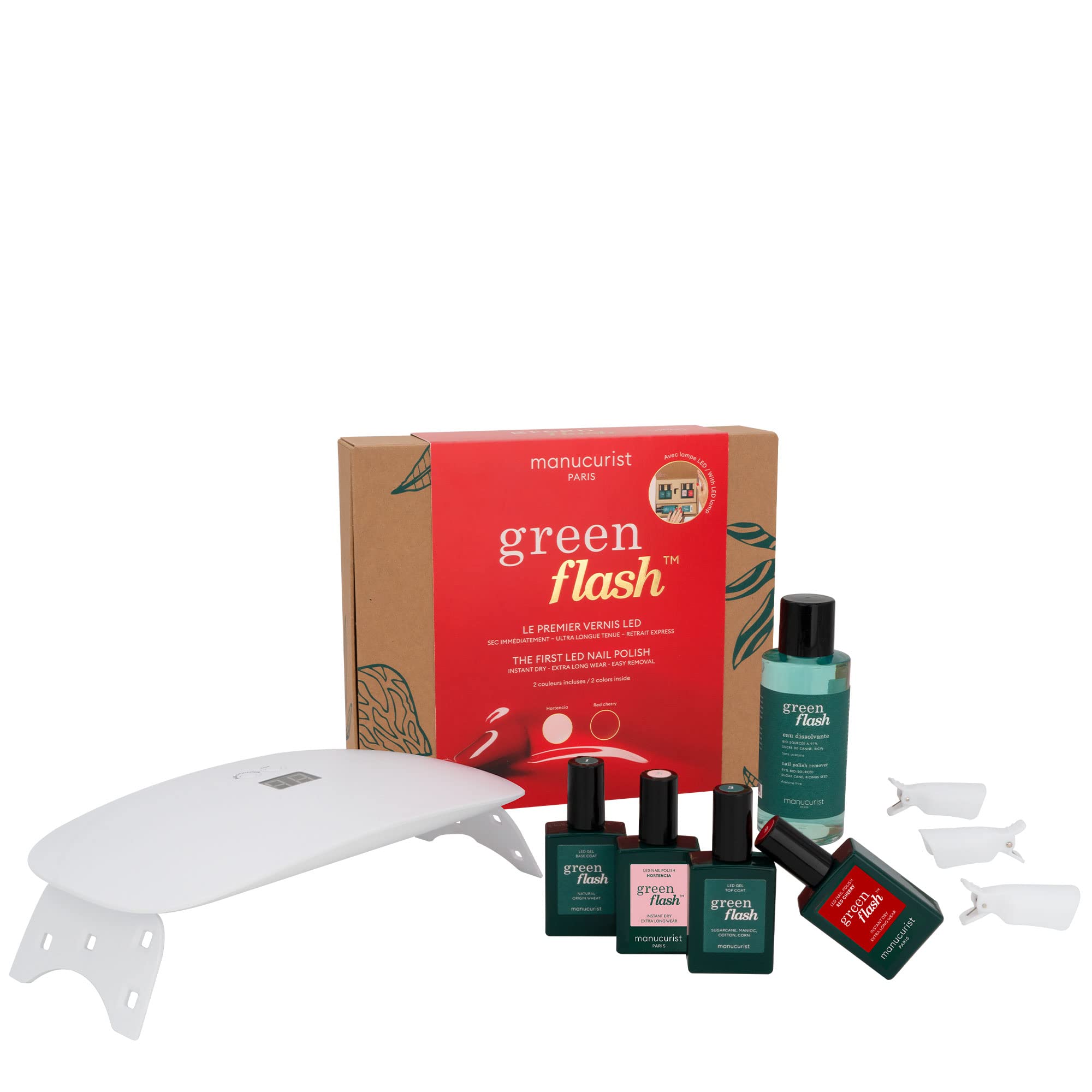Manucurist Green Flash Essentials Gel LED Nail Polish Kit - 24W LED Nail Lamp, Base Coat, Top Coat, Hortencia & Red Cherry Burgundy Polish, Nail Polish Remover & Clippers | At-Home Salon Manicure & Pedicure Set for DIY Nail Care
