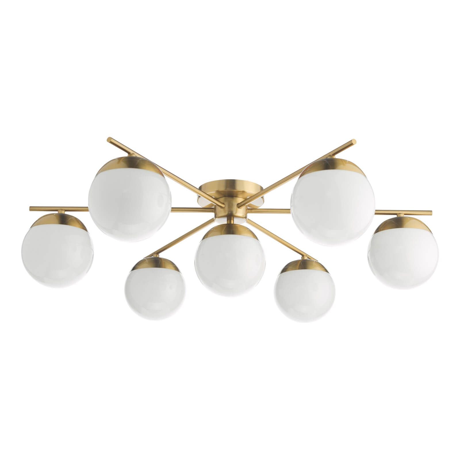 Bombazine 7Lt Semi Flush Mount Ceiling Light - Natural Brass & White Opal Glass - Perfect for Bedroom, Dining Room, and Hallway Lighting