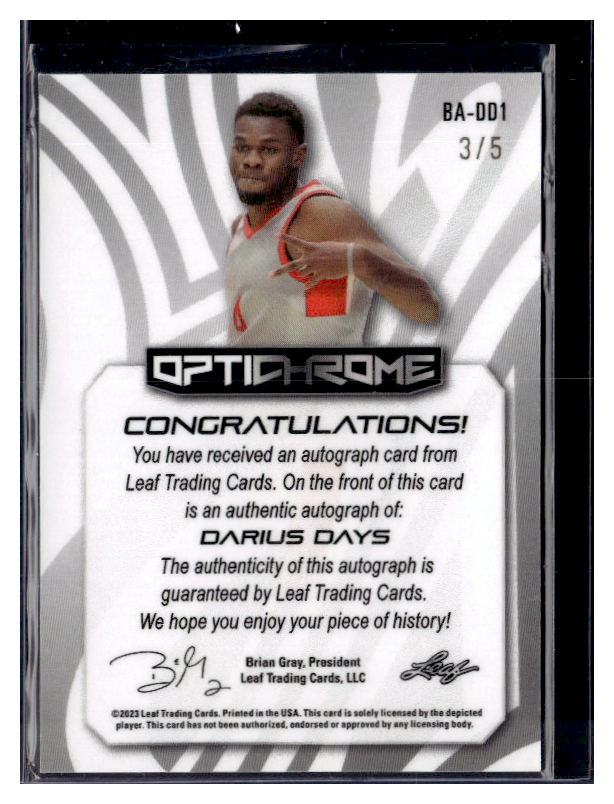 2022 LEAF OPTICHROME BASKETBALL CARD - Darius Days AUTO #BA DD1 /5 - Rare Collectible for Sports Memorabilia & Basketball Fans