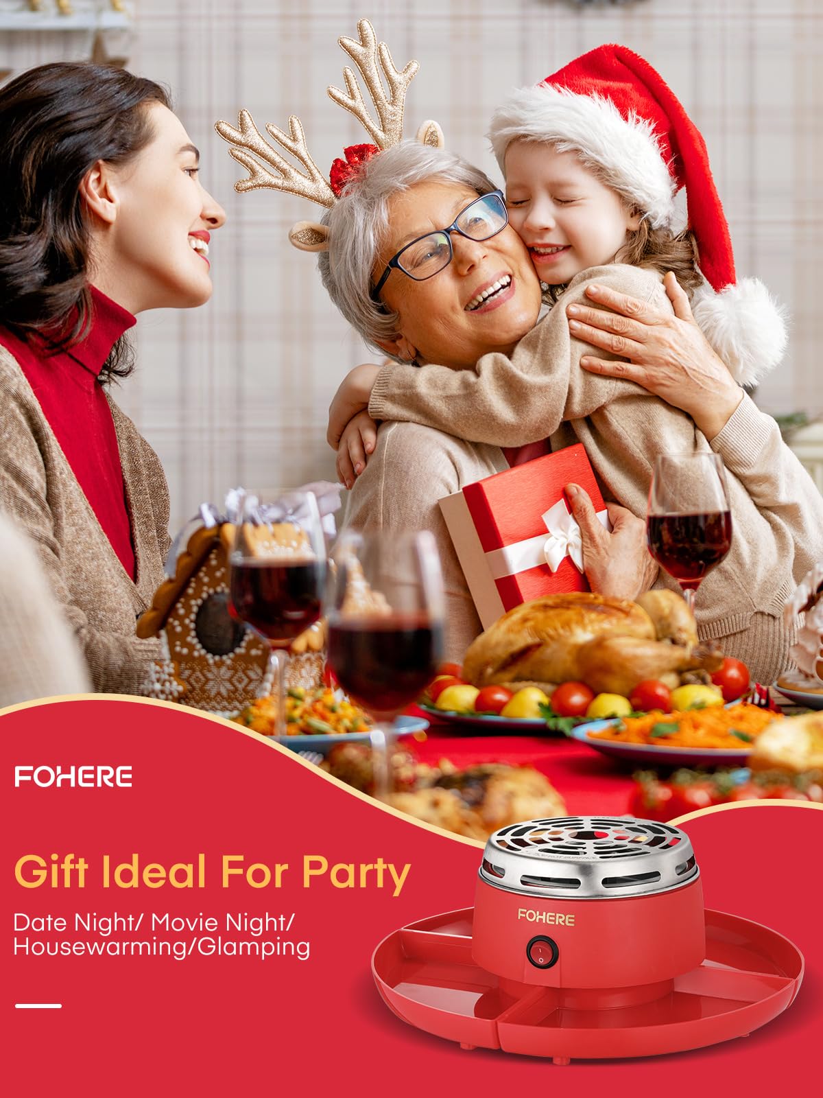 FOHERE Electric Smores Maker Indoor Flameless Marshmallow Roaster with 4 Detachable Trays & 4 Roasting Forks - Perfect for Movie Nights, Camping at Home, Housewarming Gifts & Family Gatherings (Red)