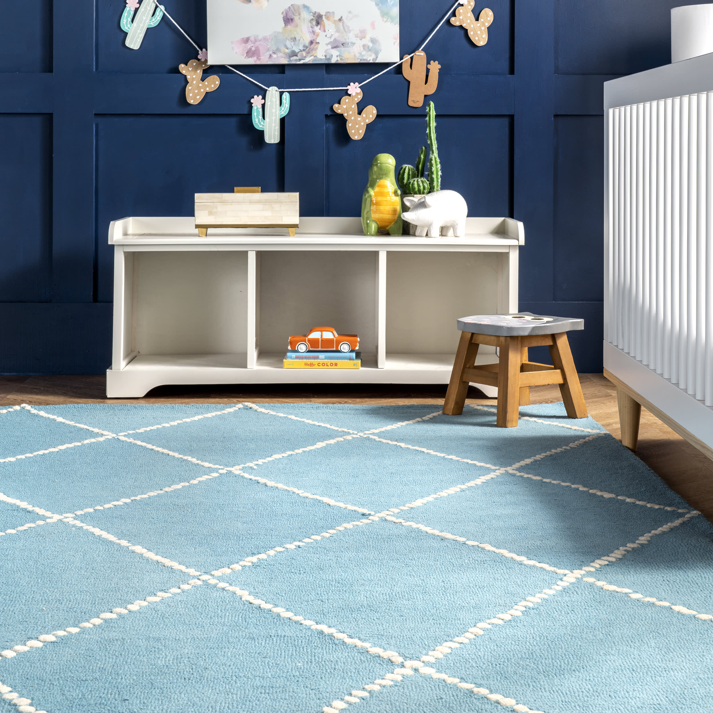 Dotted Diamond Trellis Baby Nursery Rug - Soft Non-Slip Play Mat for Kids Room, Aqua Blue - Perfect for Playtime, Crawling & Nursery Decor